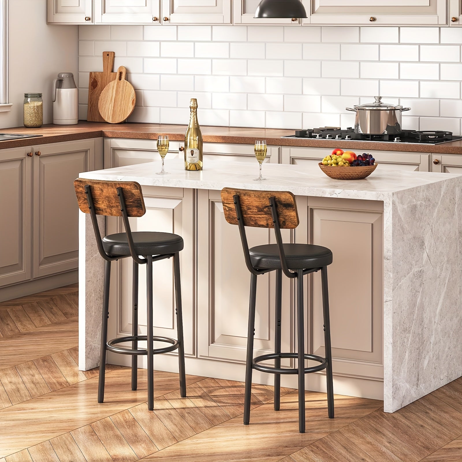 Ensemble de 2 tabourets de bar avec dossier, coussinets en cuir synthétique, tabouret de pied, adapté pour la cuisine, le salon, le bar, facile à assembler, brun et noir rétro
