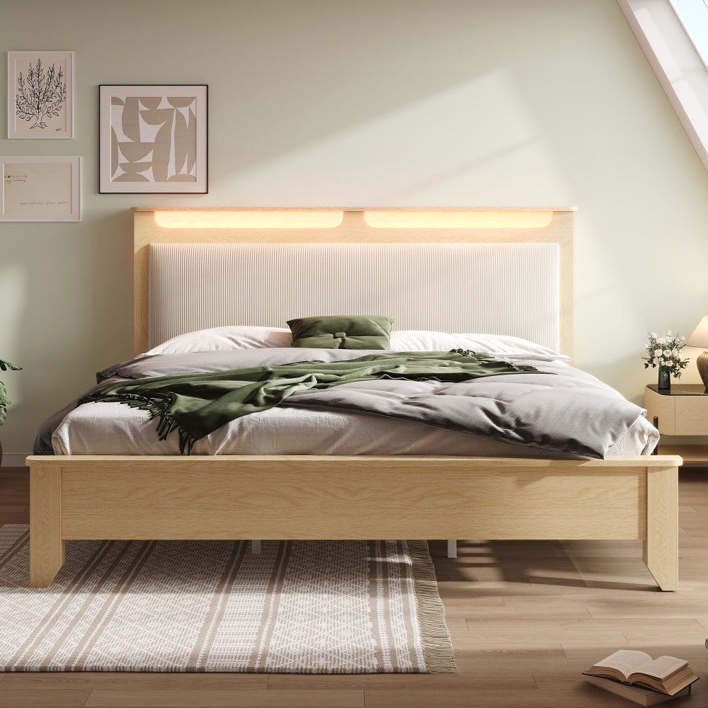 Lit double en bois, 140*200Cm/160*200Cm/180×200 Cm optionnel, Tête de lit avec espace de rangement, Tête de lit intégrée, Cadre de lit multifonctionnel, Lit de convalescence, Lit double dans la chambre, Cadre de lit en bois, Lit intégral, Dossier rembour