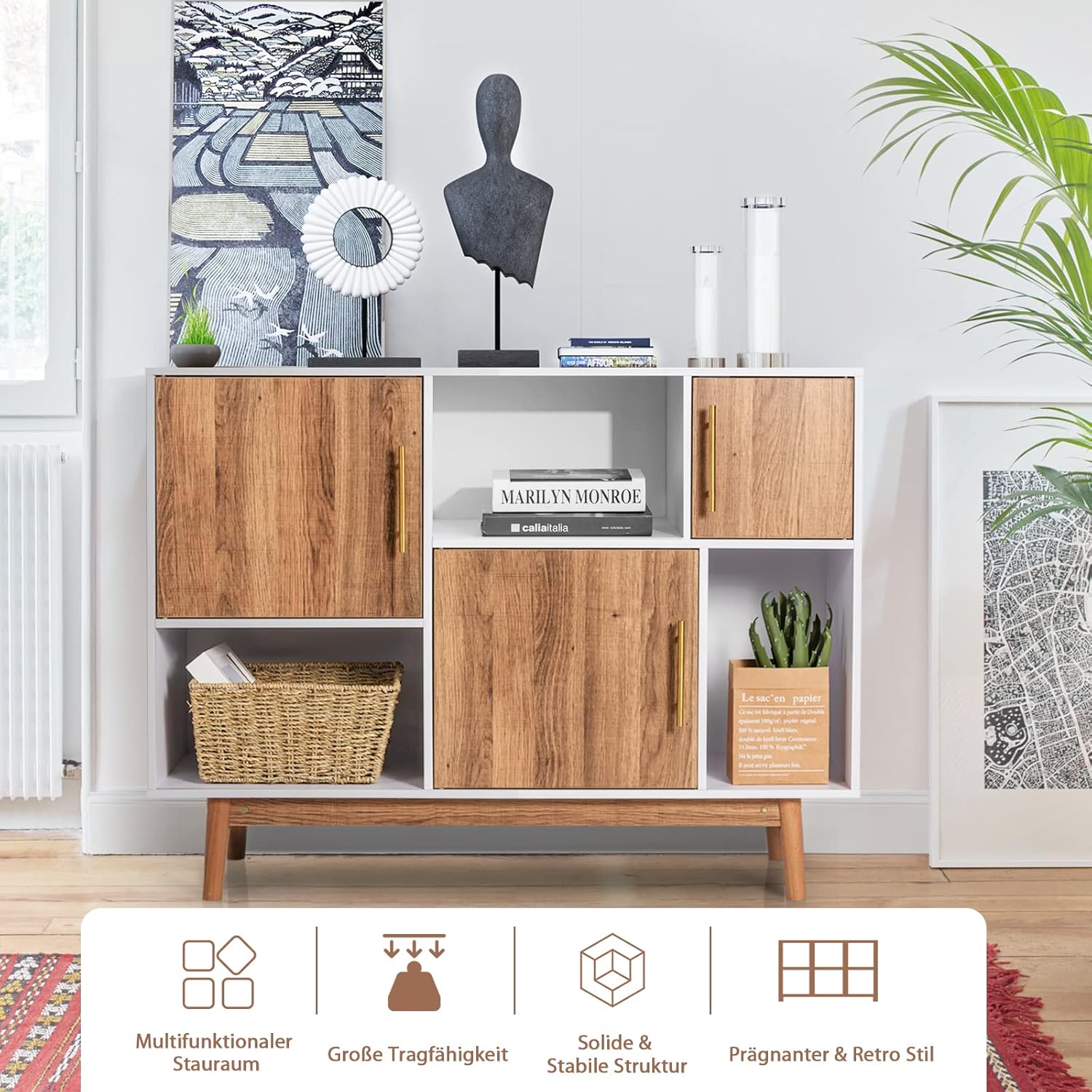Buffet à étagères, commode, armoire de rangement, meuble en bois autoportant pour salon et chambre
