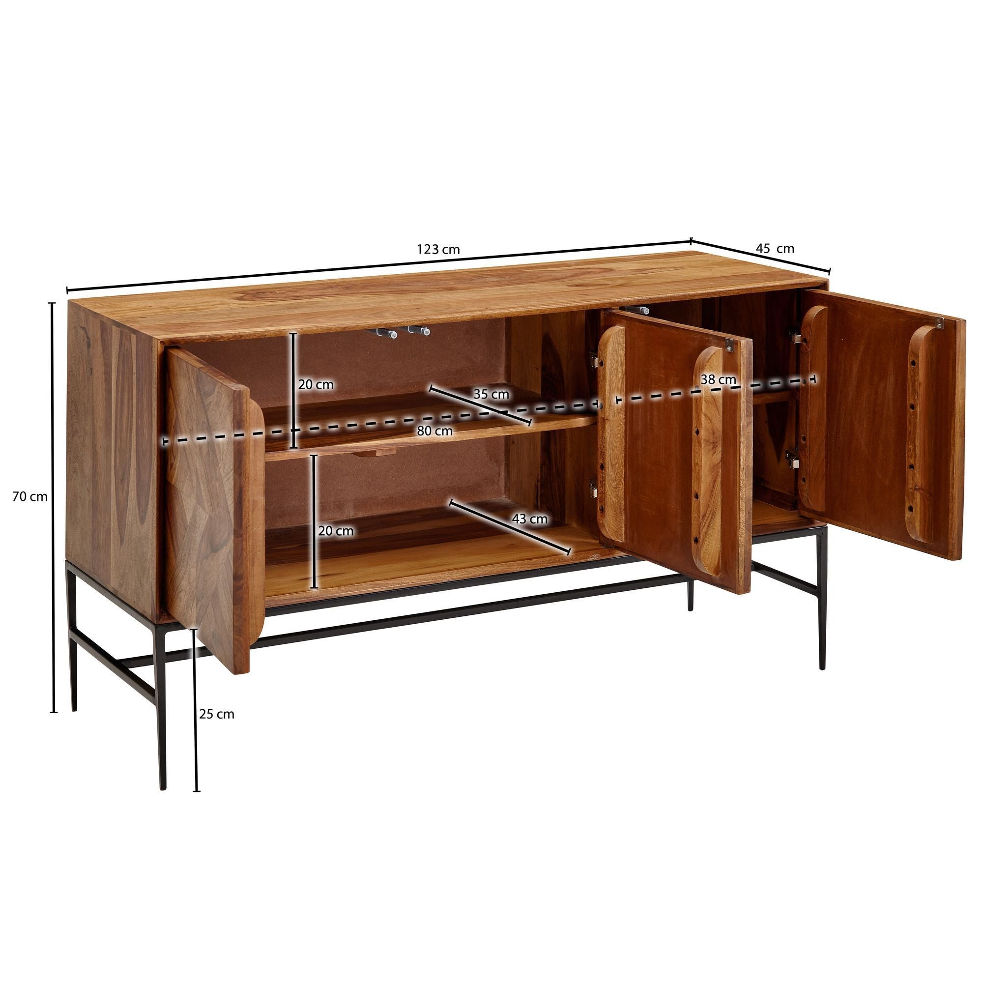 Buffet en Bois Massif 120cm Sheesham Naturel avec 3 Portes, Métal Noir