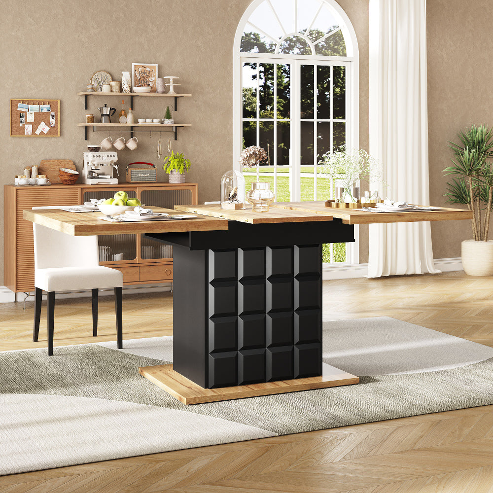 Table à manger extensible, pliable 110-140 x 80 cm, table de cuisine avec motif d'échiquier pour 4-6 personnes, table télescopique peu encombrante avec étagère latérale, table à manger pour petit appartement de cuisine salon