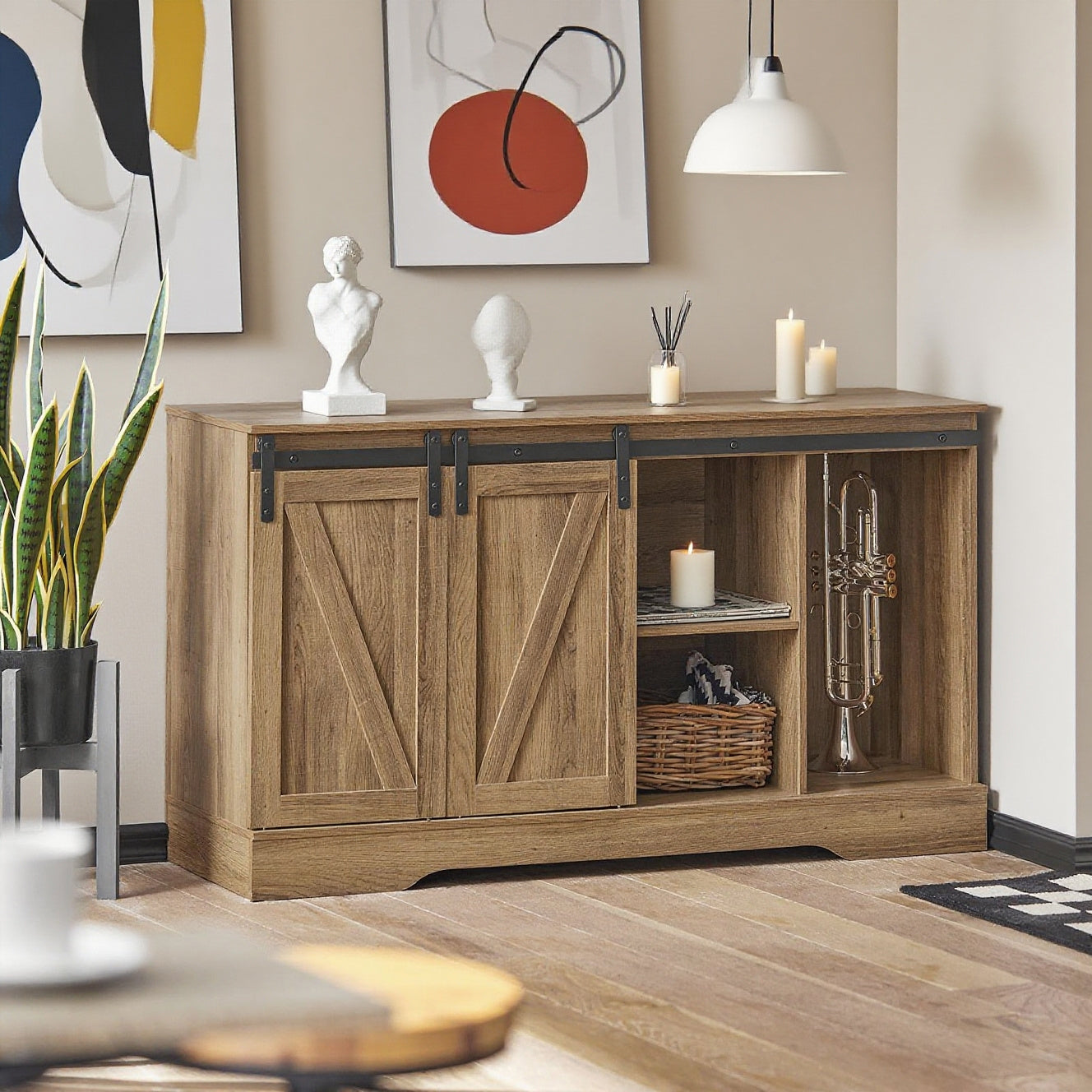 Commode - 120x40x70 cm - Porte de Grange Coulissante - Meuble Bas Placard de Rangement Buffet Armoire à Chaussures Commode à Chaussures, Meuble Cuisine Rangement Cuisine pour Salon, Couloir, Cuisine, Bureau, Chambre, SoBuy FSB60-BR
