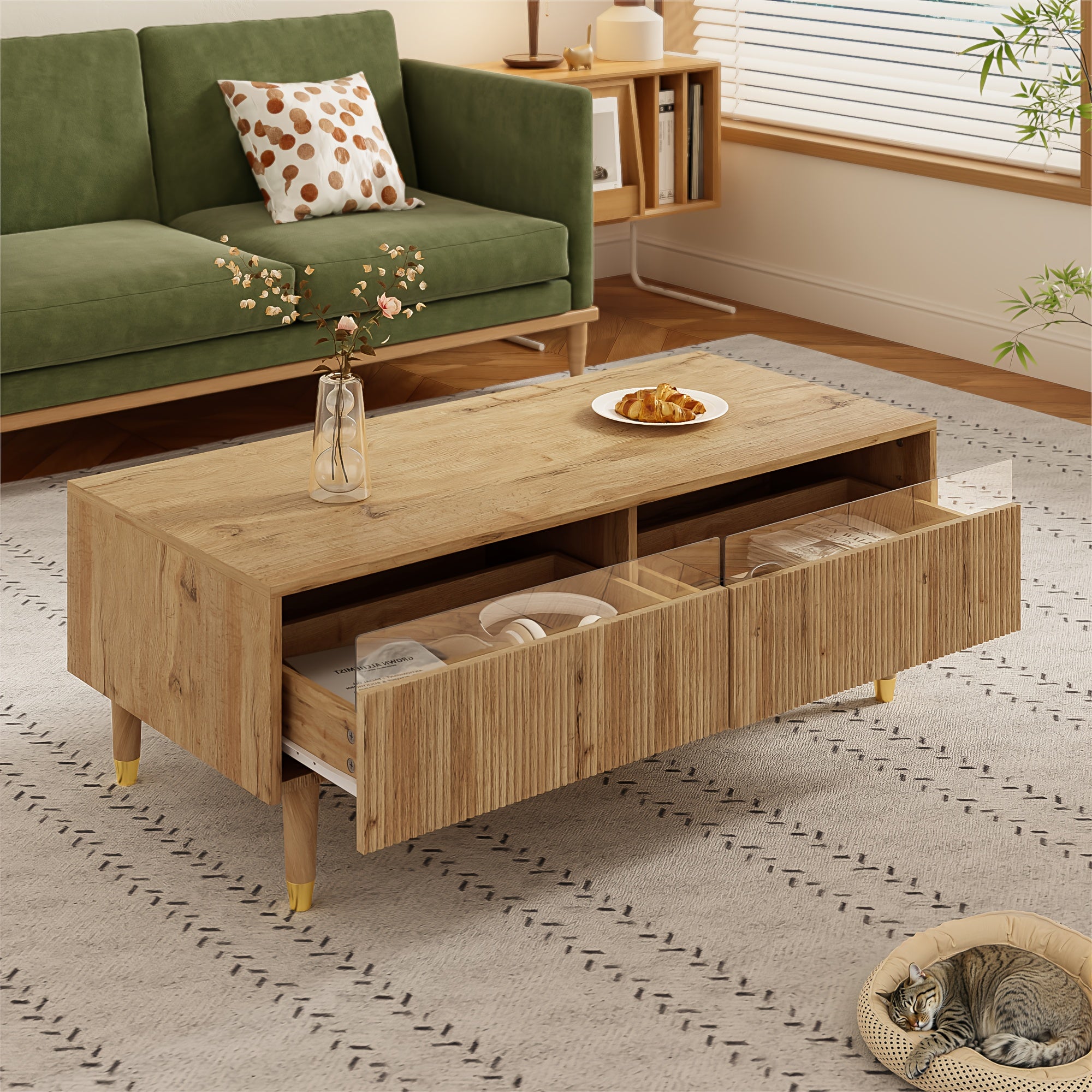 Table Basse Moderne en Bambou avec Dessus à Tiroirs Ondulés, Deux Tiroirs de Rangement, Pieds Dorés et Finition Naturelle - Meuble Minimaliste Gain de Place pour Salon, Chambre ou Bureau - Montage Facile Requis