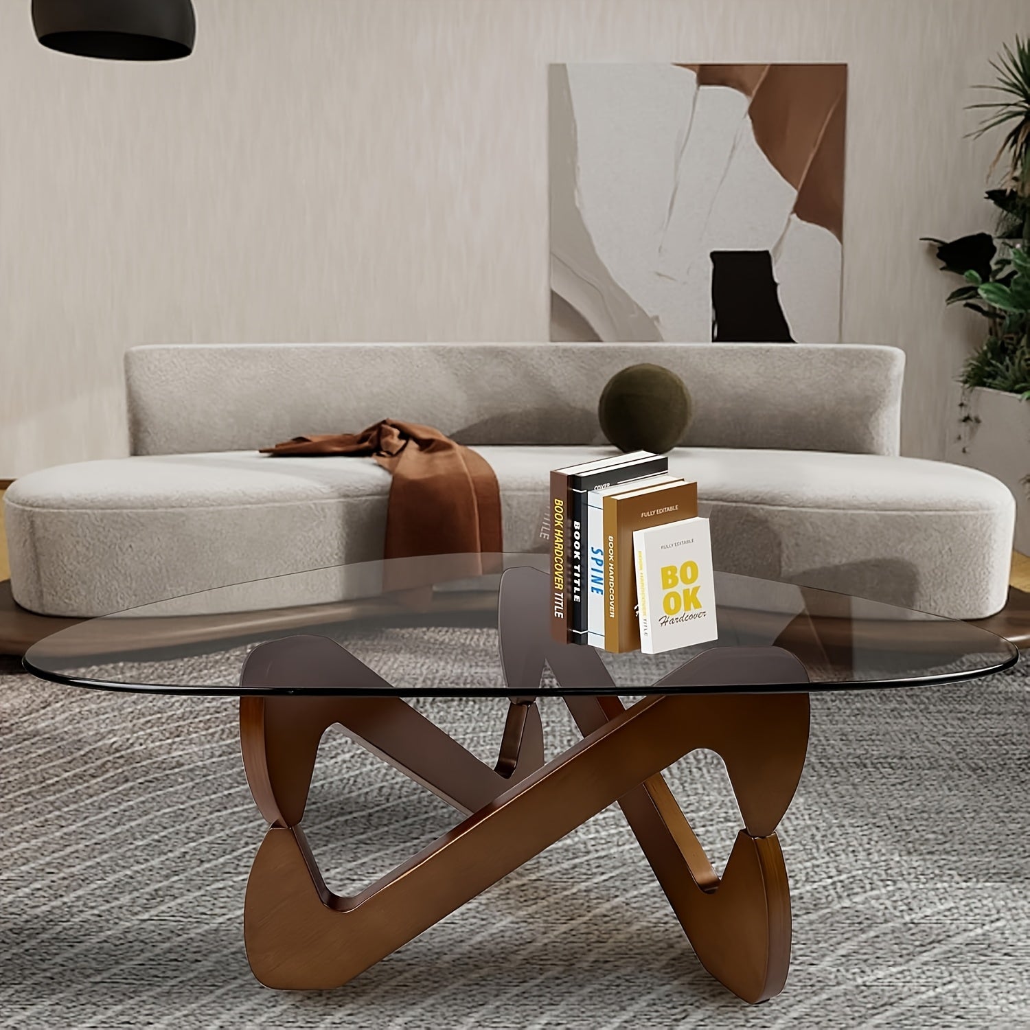 Table basse triangulaire moderne du milieu du siècle avec base en noyer - Haut en verre trempé résistant aux rayures, cadre en bois d'ingénierie, design minimaliste pour les petits espaces, salon et bureau, assemblage facile, table basse pour salon, mobi
