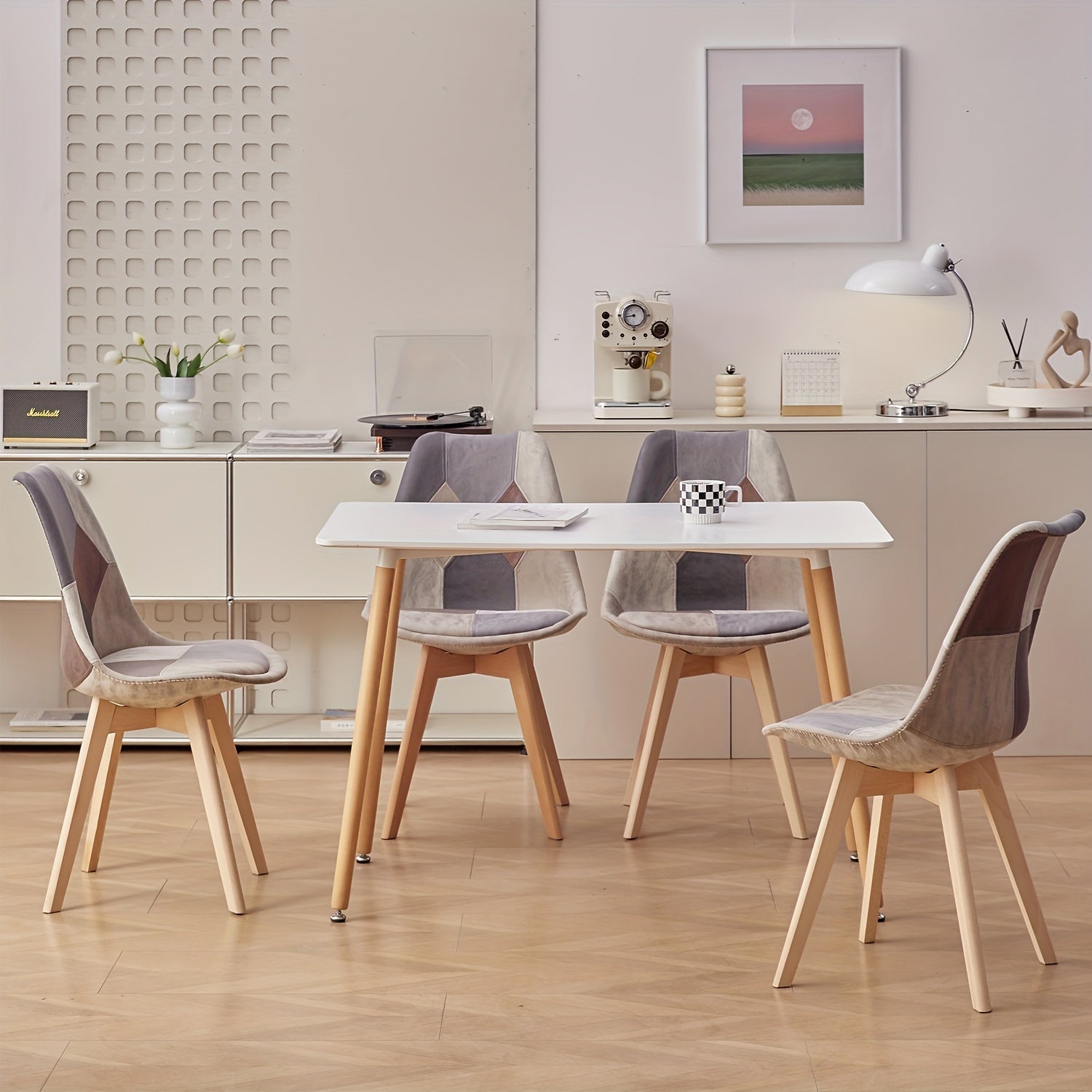 Ensemble de 4 chaises scandinaves EGOONM, chaise de salle à manger en patchwork avec coussin rembourré, chaise de bureau avec pieds en hêtre, chaise de salle à manger pour salle à manger brune, design ergonomique, style moderne, cadre en bois, rembourrag