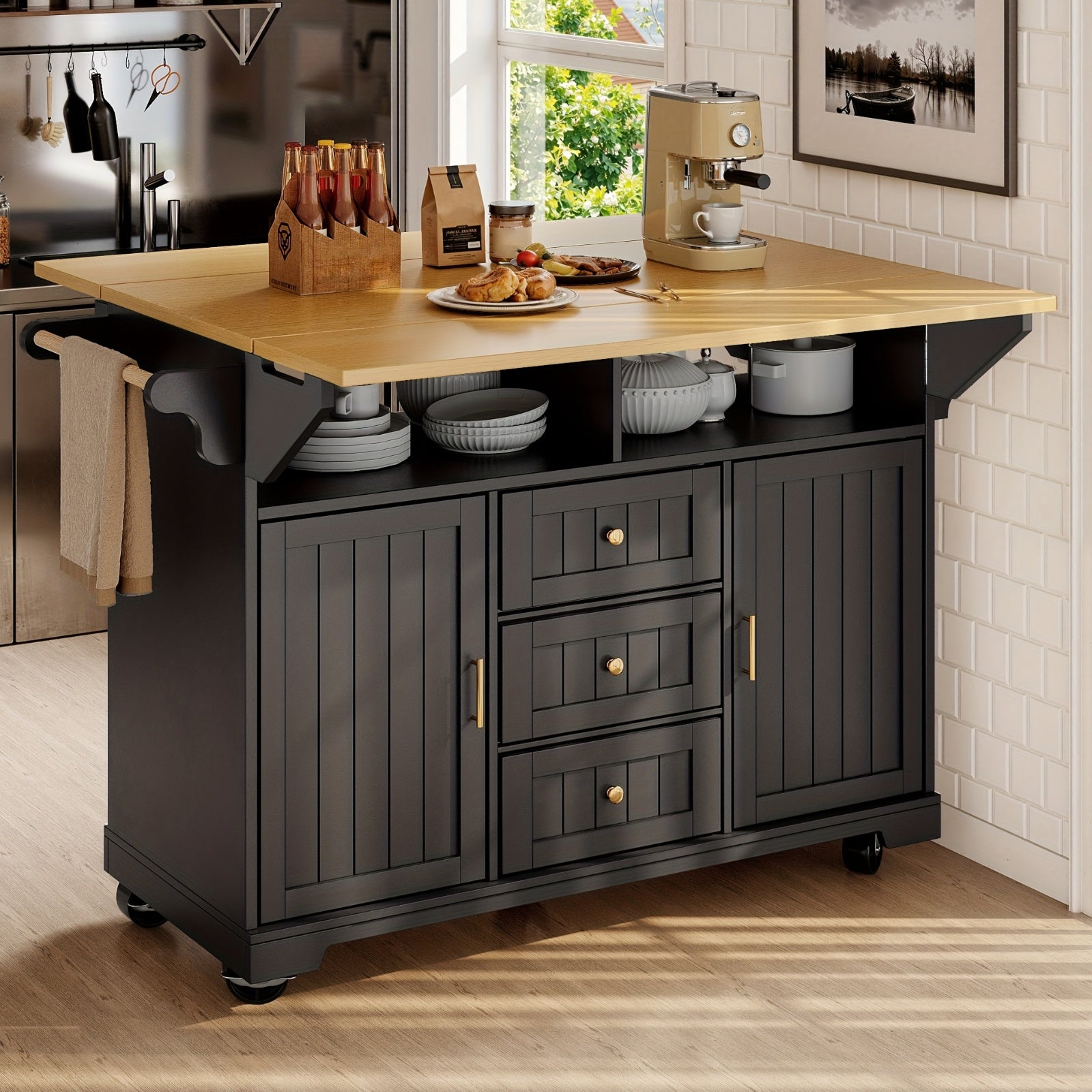 Ile de cuisine, armoire, buffet 120 X 40 (80) X 95 cm, chariot de cuisine rétractable avec roulettes, rétractable des deux côtés, avec porte-serviettes et étagère à épices, grande capacité pour un rangement facile, deux portes, trois tiroirs, îlot de cui