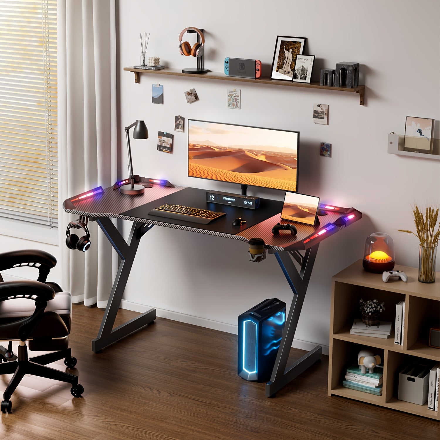 Bureau de jeu LED 120 x 60 cm, noir, table de jeu avec LED, table PC robuste avec revêtement en fibre de carbone, table de jeu avec porte-gobelet et crochet pour écouteurs