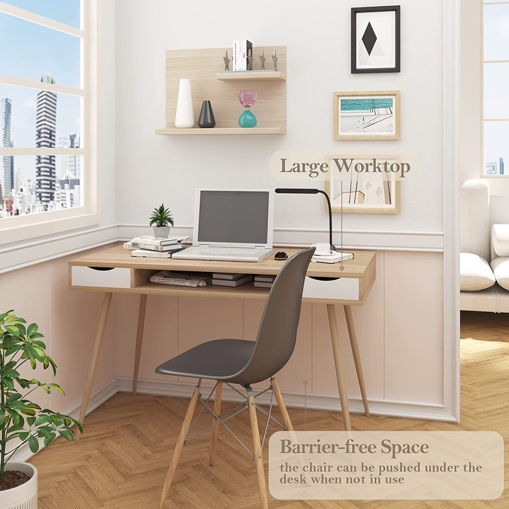 1pc Bureau en Bois avec 2 Tiroirs et 1 Compartiment Ouvert, Cadre en Acier, Table d'Ordinateur Poste de Travail Maison Bureau Ordinateur Portable Bureau 120x58x77cm Hêtre