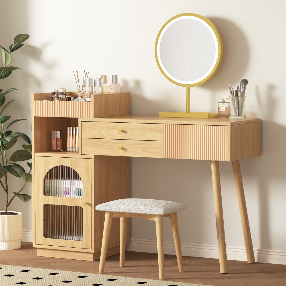 Coiffeuse élégante de 120 x 40 x 90 cm avec miroir pour un maquillage précis, grand espace de rangement (3 tiroirs + armoire), capacité de charge de 50 kg, verre irisé et design moderne. Facile à assembler, idéale pour une chambre ou comme cadeau.