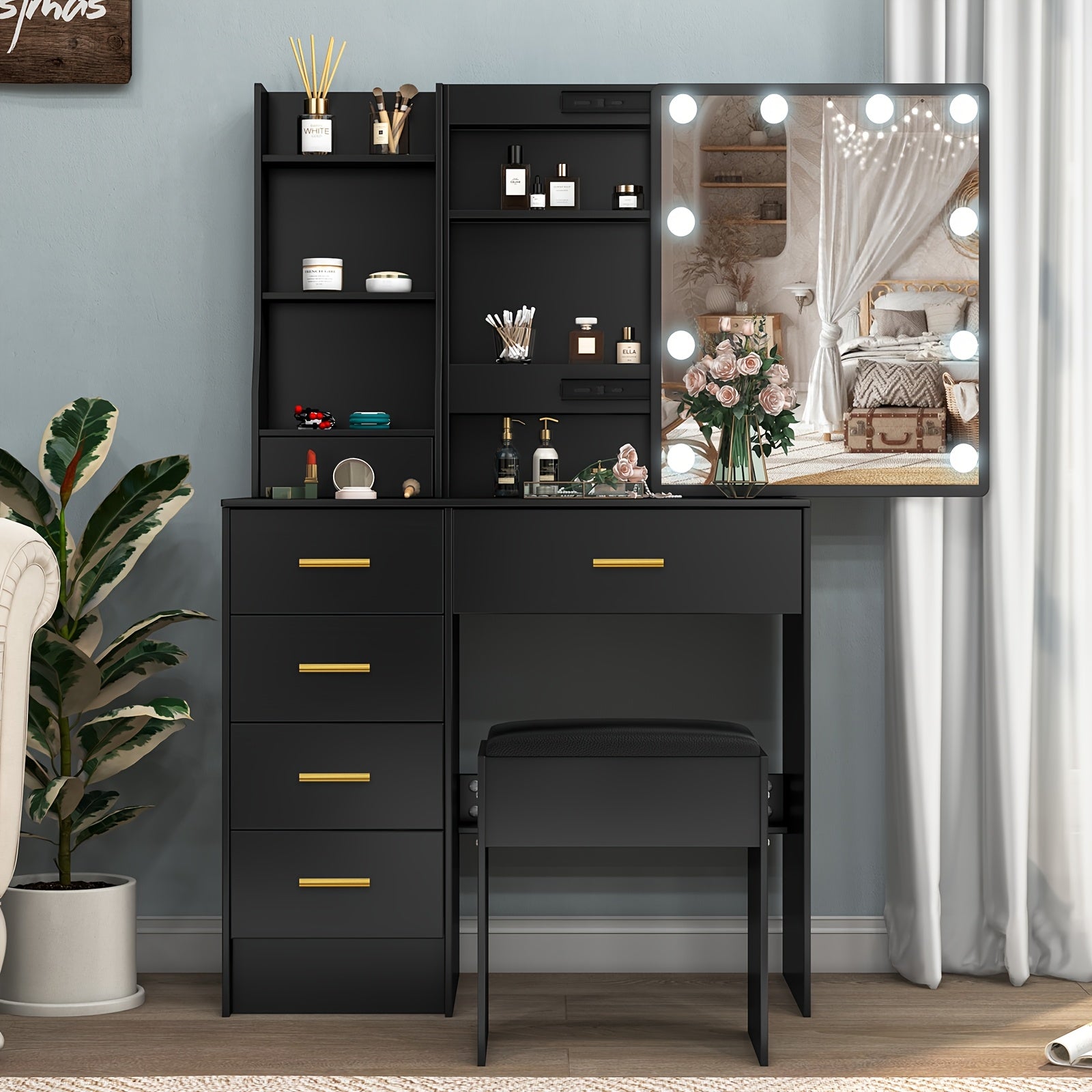 Coiffeuse avec Miroir et Lumières, Table de Maquillage Grande Taille à 6 Tiroirs, 3 Modes de Couleur et Luminosité Réglable, Inclut Tabouret Noir en Bois, Noir