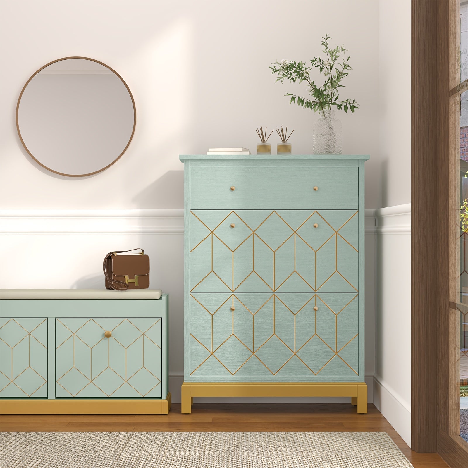 Armoire à chaussures haute et étroite avec 2 barrières et 2 tiroirs, étagère à chaussures réglable, multi-couleur, idéale pour l'entrée