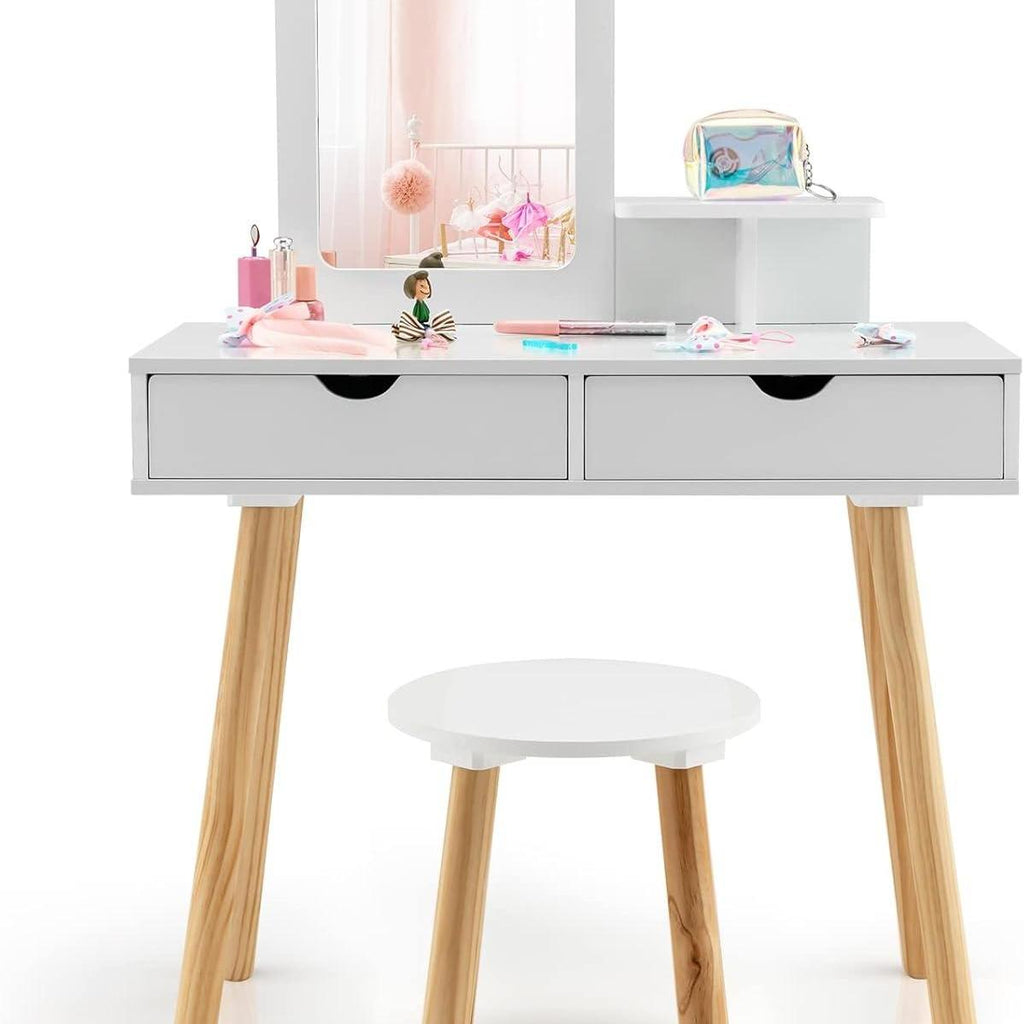 Ensemble de Coiffeuse pour Enfants, Table de Maquillage 2 en 1 avec Miroir Amovible, 2 Tiroirs, Peigne, Commode en Bois pour Filles de 3 à 7 Ans