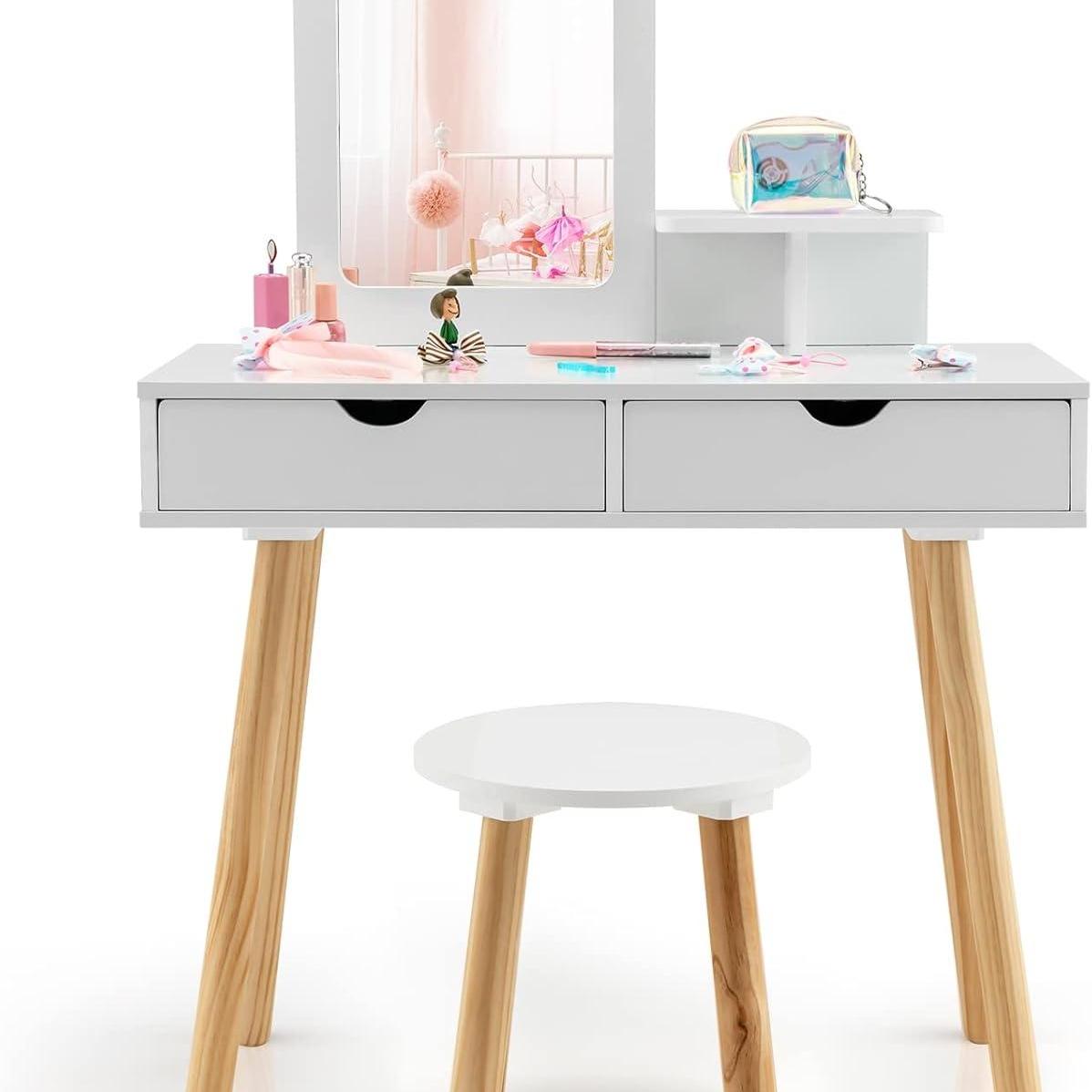 Ensemble de Coiffeuse pour Enfants, Table de Maquillage 2 en 1 avec Miroir Amovible, 2 Tiroirs, Peigne, Commode en Bois pour Filles de 3 à 7 Ans