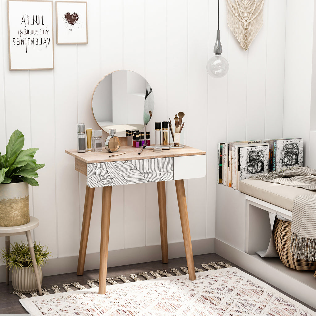 Table de Toilette HOMCOM au Design Scandinave, avec Tiroir et Grand Miroir, Dim. 70 x 39 x 119-128 cm