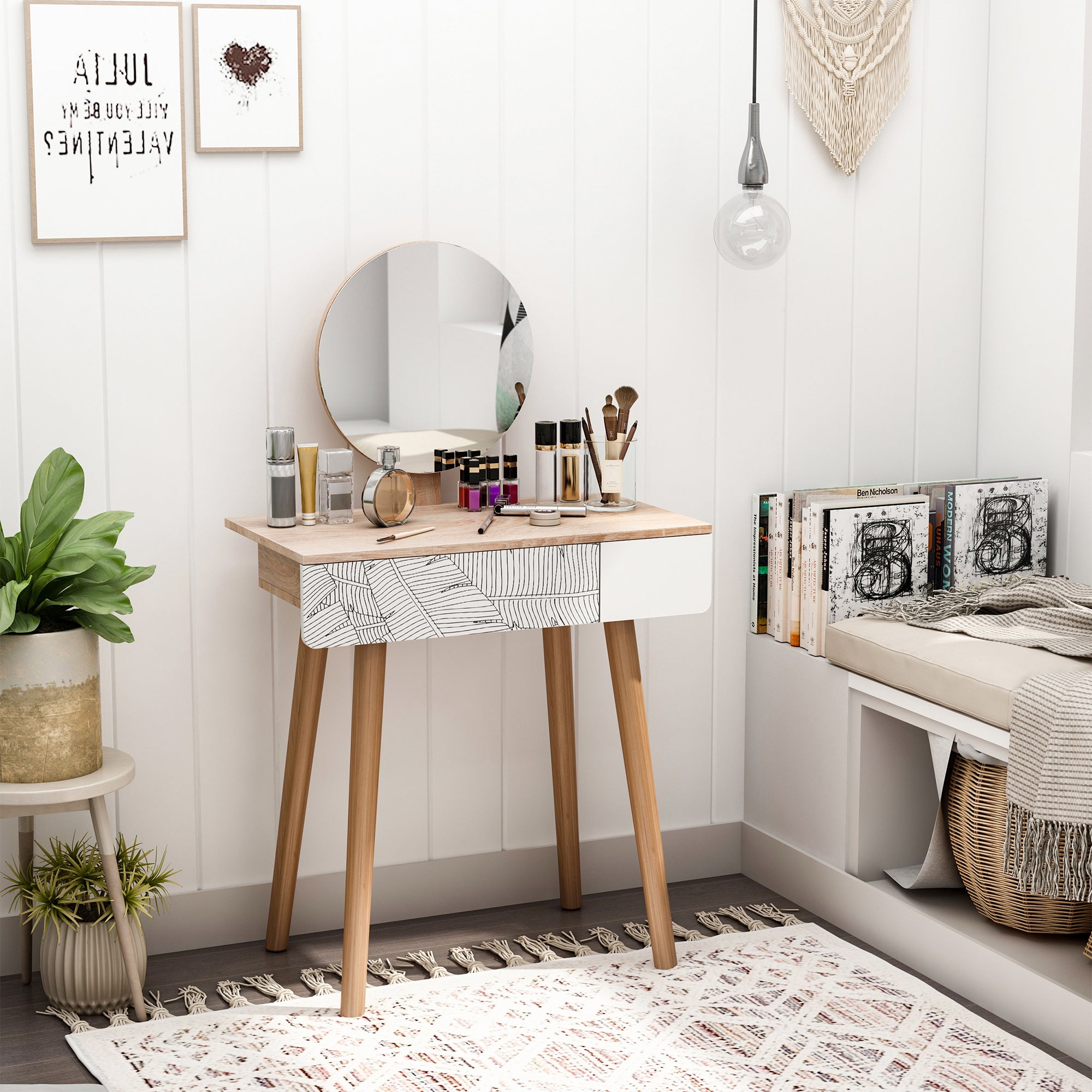 Table de Toilette HOMCOM au Design Scandinave, avec Tiroir et Grand Miroir, Dim. 70 x 39 x 119-128 cm