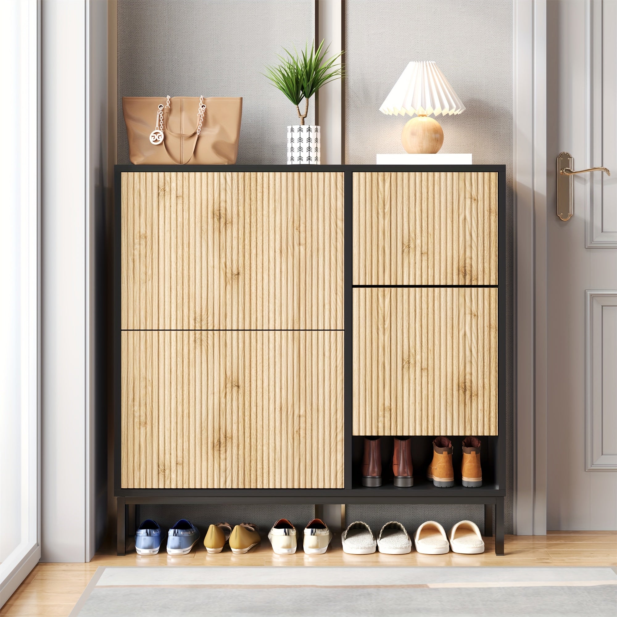 Meuble à Chaussures avec Banc - Organisateur d'Entrée avec Banc de Changement, Étagère 3 Pétale, Compartiments Ouverts - Construction Robuste pour Couloir, Chambre, Salon - Rangement Économiseur d'Espace avec Siège, Meuble à Chaussures, Finition Élégante