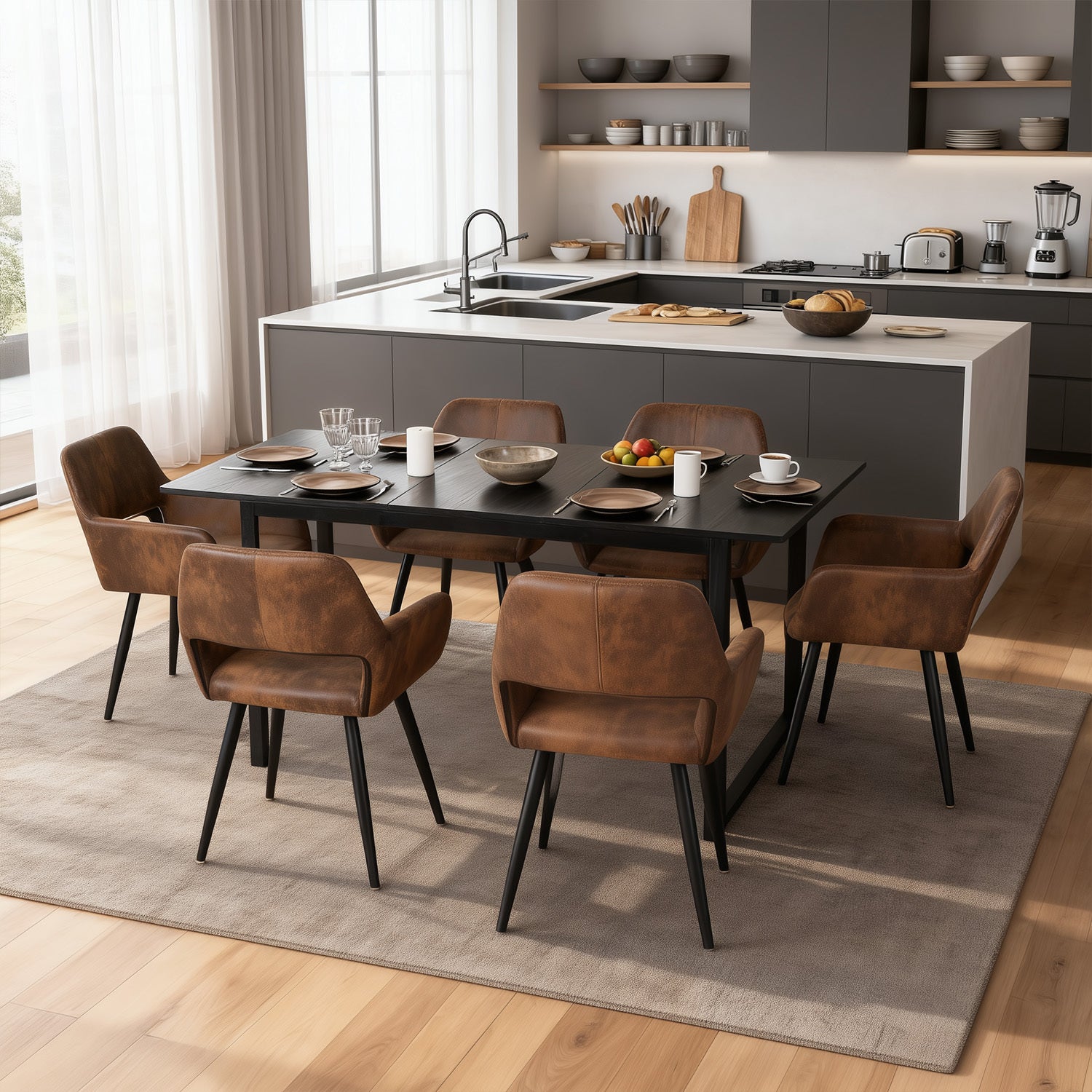 MEUBLE COSY Ensemble de Table et Chaises de Cuisine 7 Pièces avec 1 Table Extensible en MDF Noir à Pieds Métalliques et 6 Chaises Rétro en Suédine Marron, Style Industriel Moderne pour Cuisine ou Salle à Manger 120-160x80x75cm/56x56x78cm