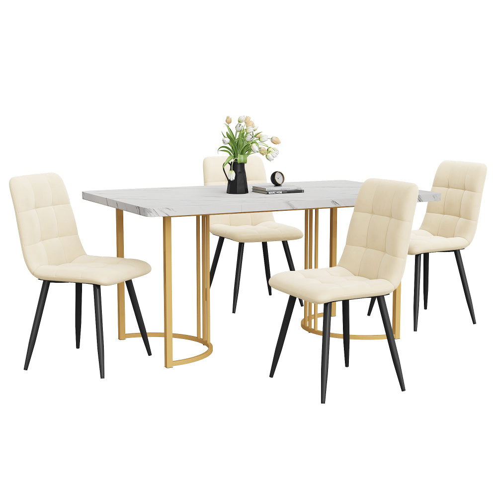 Ensemble de table à manger moderne et minimaliste de luxe (5 pièces), table à manger française avec 4 chaises, ensemble de table à manger de cuisine moderne, table à manger de cuisine 55"x31" (140x80cm) avec pattes en métal noir, motif en marbre à base r