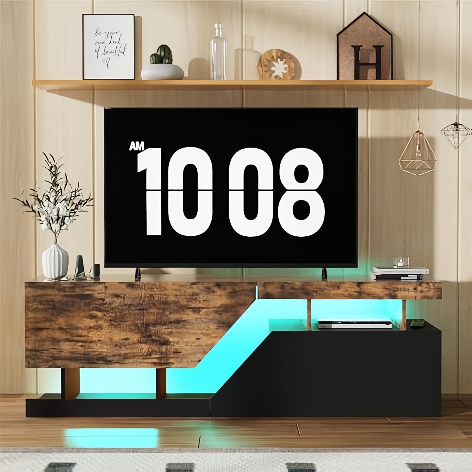 Meuble TV bas avec 2 volets/portes, meuble TV moderne sans poignée, meuble latéral pour téléviseurs jusqu'à 65 in (165 cm), étagère TV pour salon, salle de divertissement