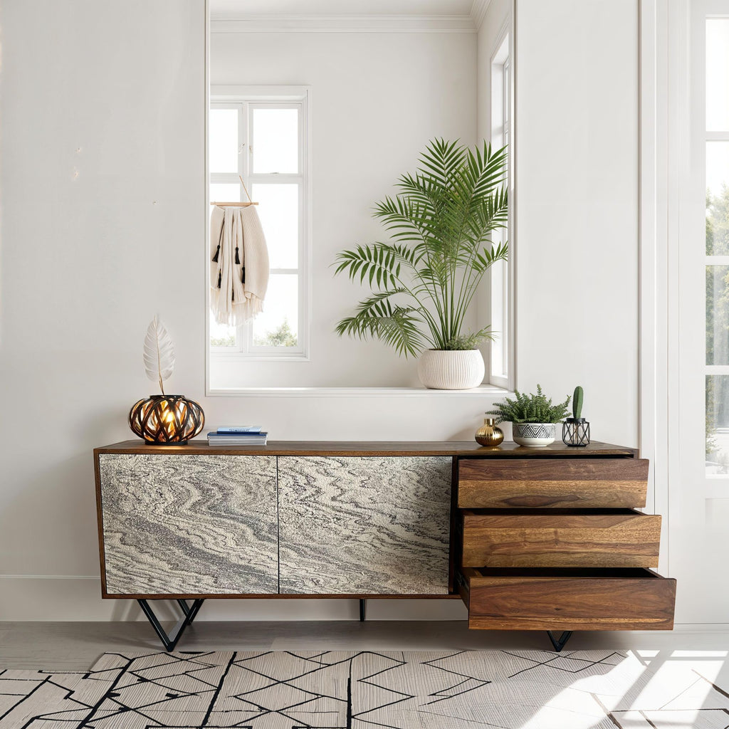 Buffet 175x71x40 cm en Bois Massif Sheesham avec Finition Pierre Blanche, Armoire Haute Moderne, Meuble de Salon avec 2 Portes et 3 Tiroirs, Buffet pour Salon
