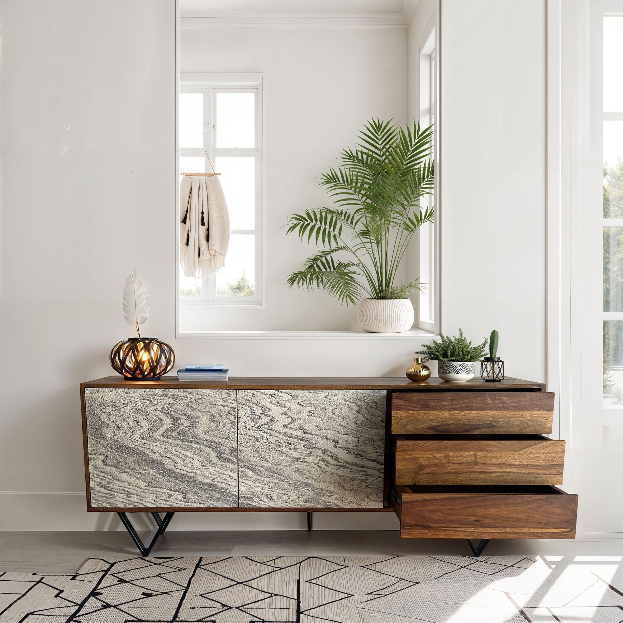 Buffet 175x71x40 cm en Bois Massif Sheesham avec Finition Pierre Blanche, Armoire Haute Moderne, Meuble de Salon avec 2 Portes et 3 Tiroirs, Buffet pour Salon