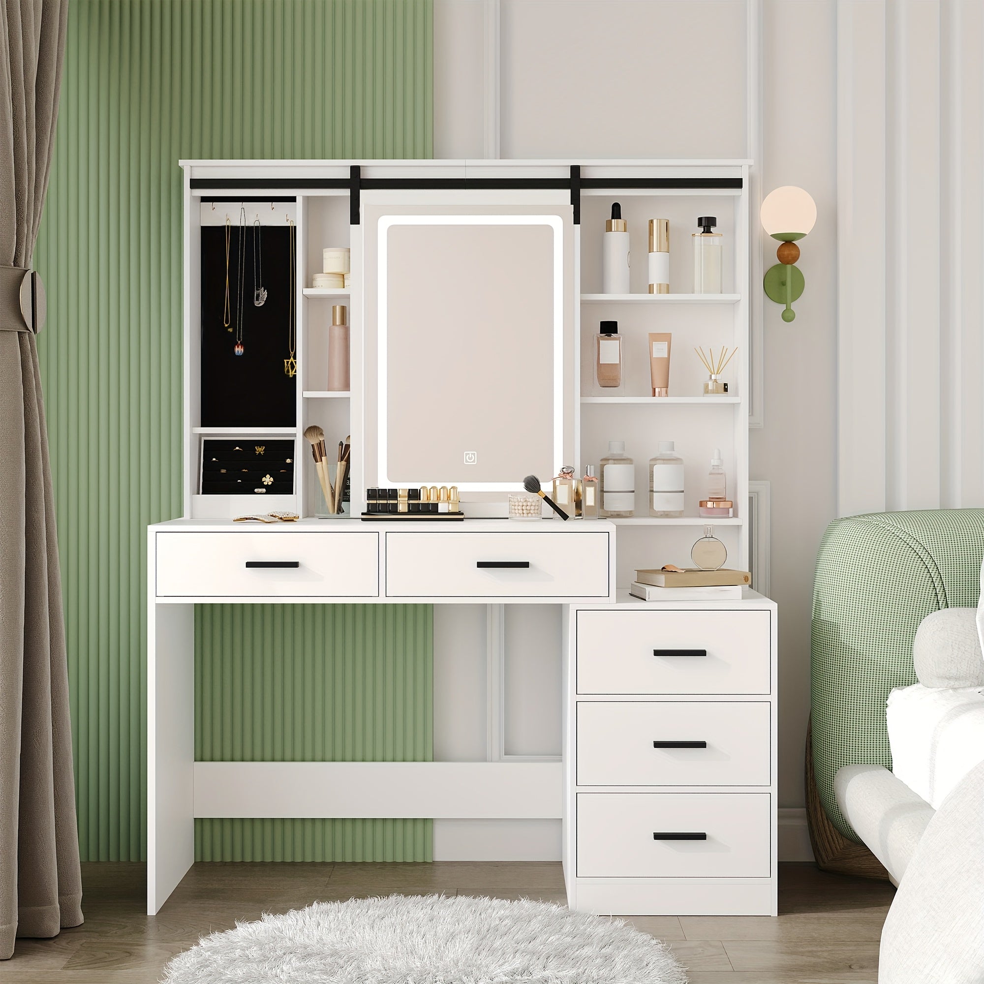 Coiffeuse avec Éclairage LED Réglable, Grand Miroir Amovible, Rangement pour Bijoux, Étagères Ouvertes, 5 Tiroirs et Table d'Appoint, Blanc