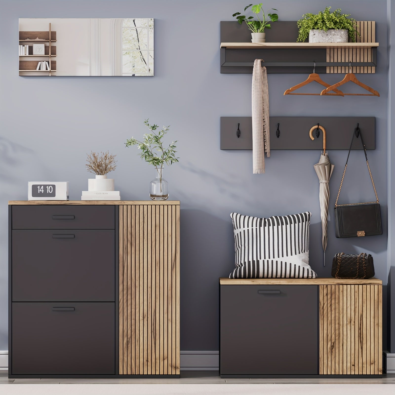 Ensemble de meubles de rangement modernes pour couloir avec 2 meubles à chaussures, porte-manteau, commode à tiroirs, miroir et 4 crochets - Organisateur au sol en bambou avec banc à chaussures et rangement