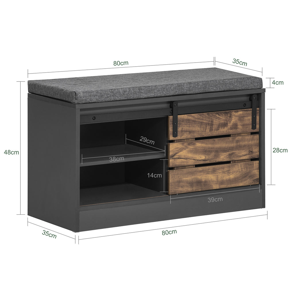 SoBuy Armoire à chaussures avec portes coulissantes Armoire à chaussures avec porte de grange, Étagère à chaussures avec coussin Style Vintage L80xP35xH48cm FSR120-HG