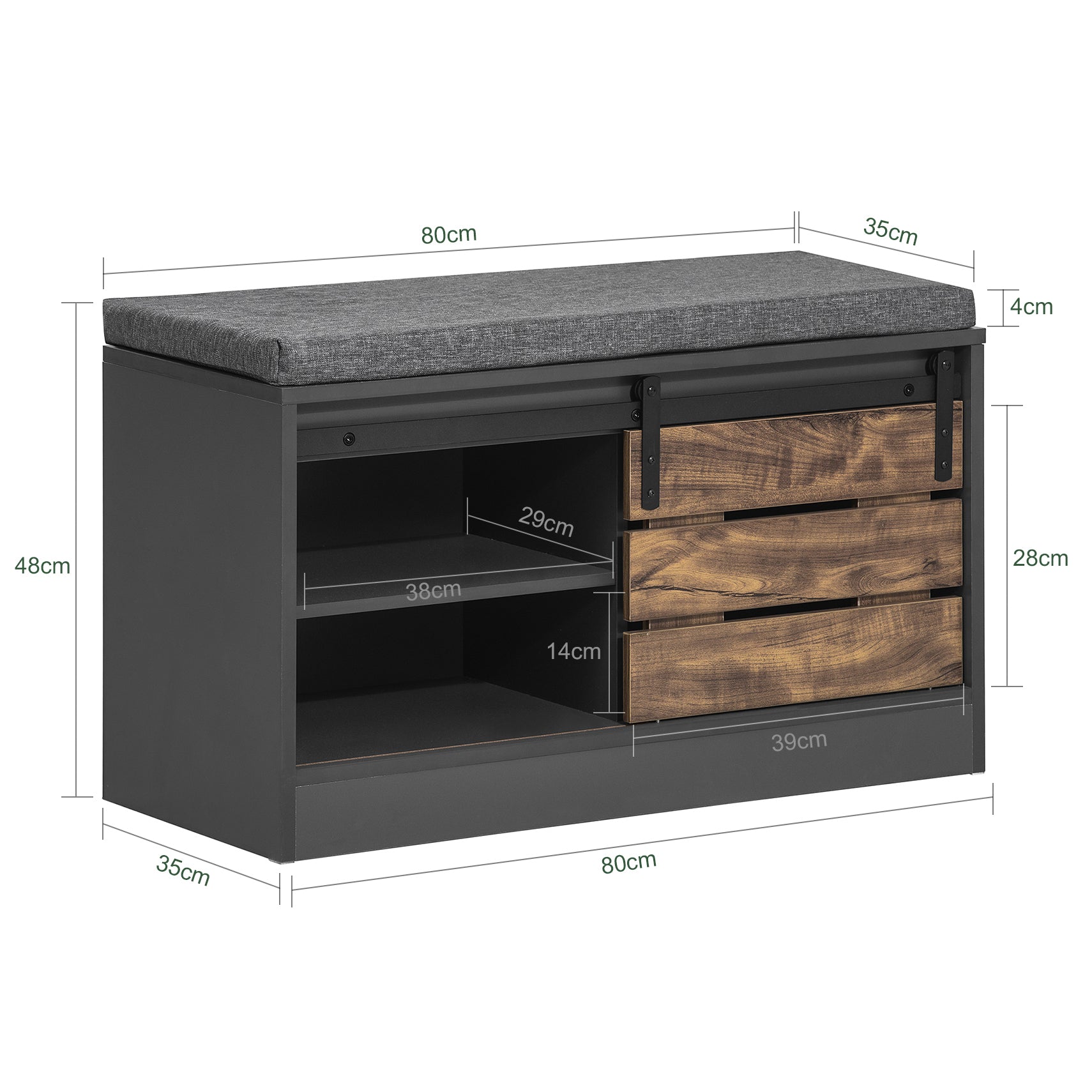 SoBuy Armoire à chaussures avec portes coulissantes Armoire à chaussures avec porte de grange, Étagère à chaussures avec coussin Style Vintage L80xP35xH48cm FSR120-HG