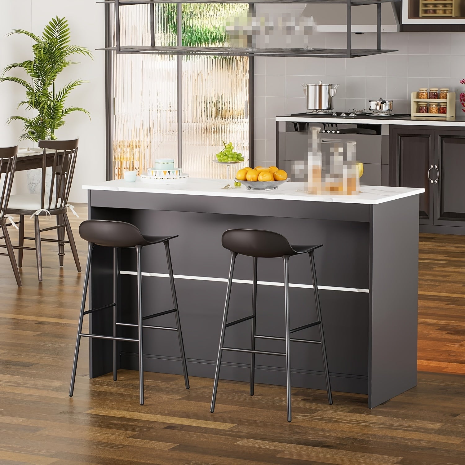 Ile de cuisine moderne style marbre avec comptoir et meubles de rangement - Construction robuste en bois franc, surface aspect marbre, poste de travail spacieux avec étagère basse et meubles surélevés, conception sur pied pour cuisine et salle à manger