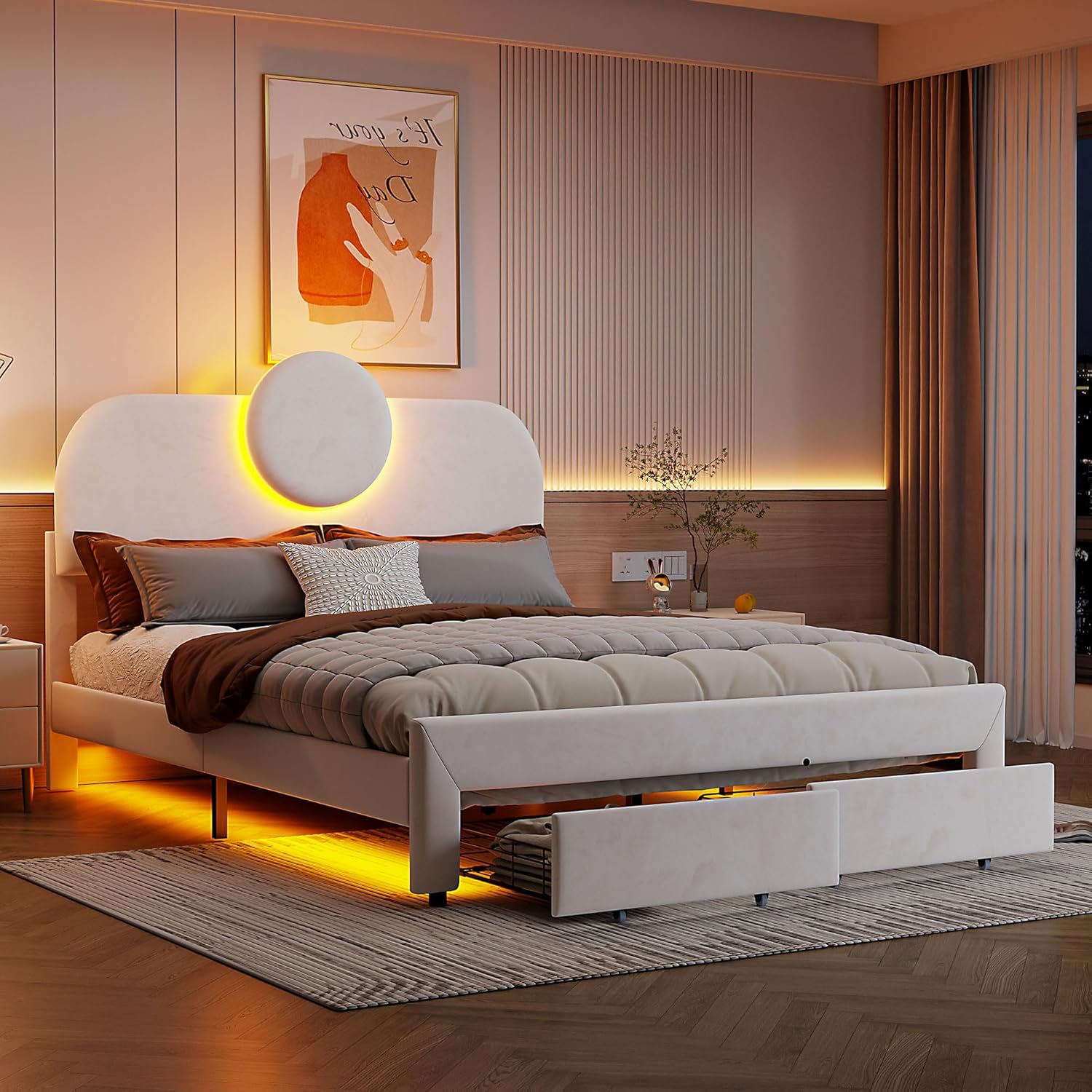 Lit élégant en tissu LED, 140 x 200 cm, avec 2 tiroirs, lit double en flanelle, lit double avec cadre à lattes et compartiment de rangement, adapté aux adultes