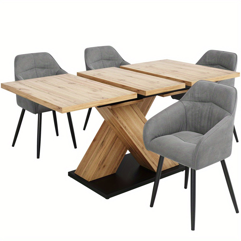 Ensemble de table à manger (5 pièces), table à manger extensible 119-158,5 x 80 cm avec 4 chaises en velours gris foncé, colonne T en bois massif pour cuisine et salon, Tables de Salle à Manger pour Petits Espaces,Petite Table à Manger,Ensembles de Table