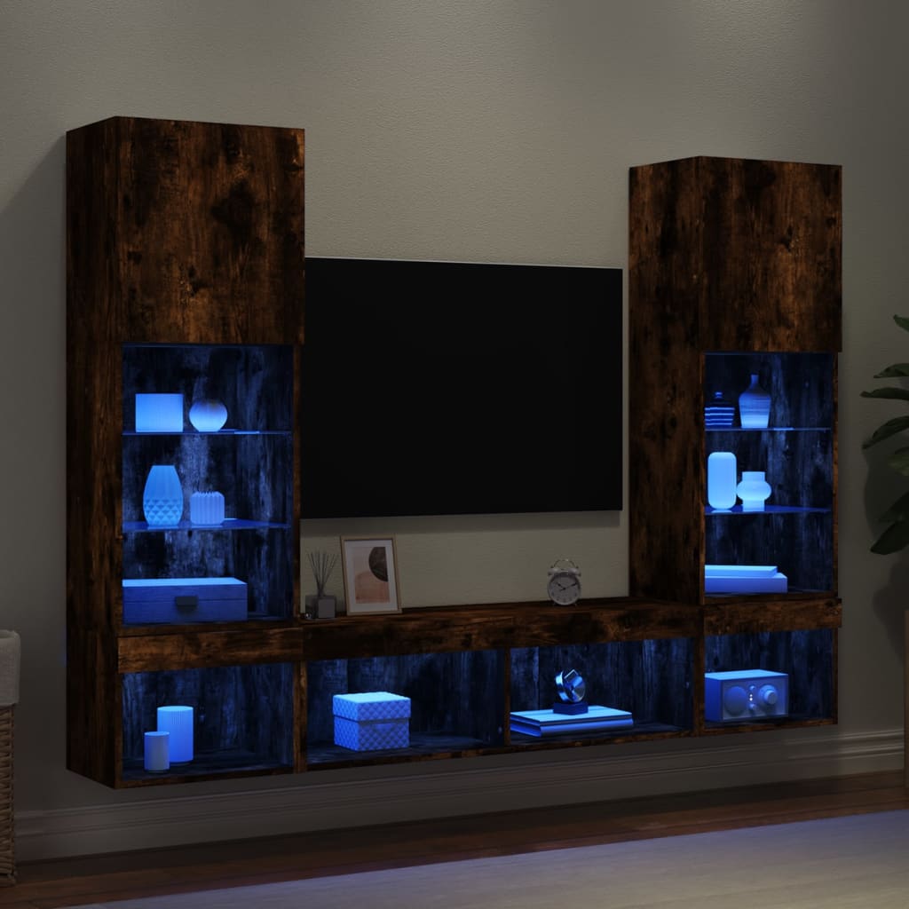 Ensemble Moderne de Meuble TV Murale avec Éclairage LED - Centre de Divertissement en Bois Ingénieuré Chêne Fumé 5 Pièces, Meuble de Salon Élégant, Support TV Murale avec Étagères, Console Média Contemporaine pour Téléviseurs à Écran Plat