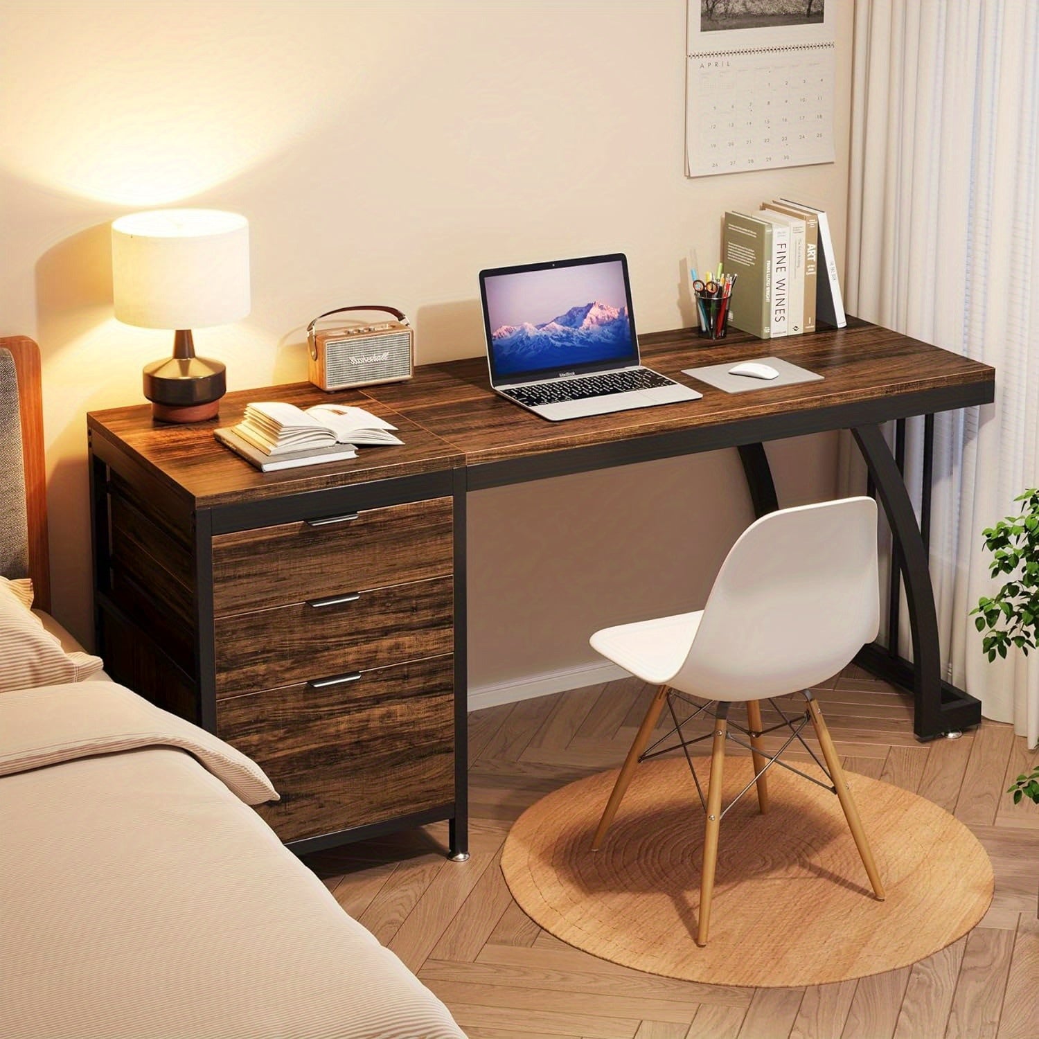 Bureau PC de 59 pouces avec 3 tiroirs, bureau d'ordinateur à tiroirs réversibles, table de travail industrielle avec rangement pour fichiers pour bureau à domicile