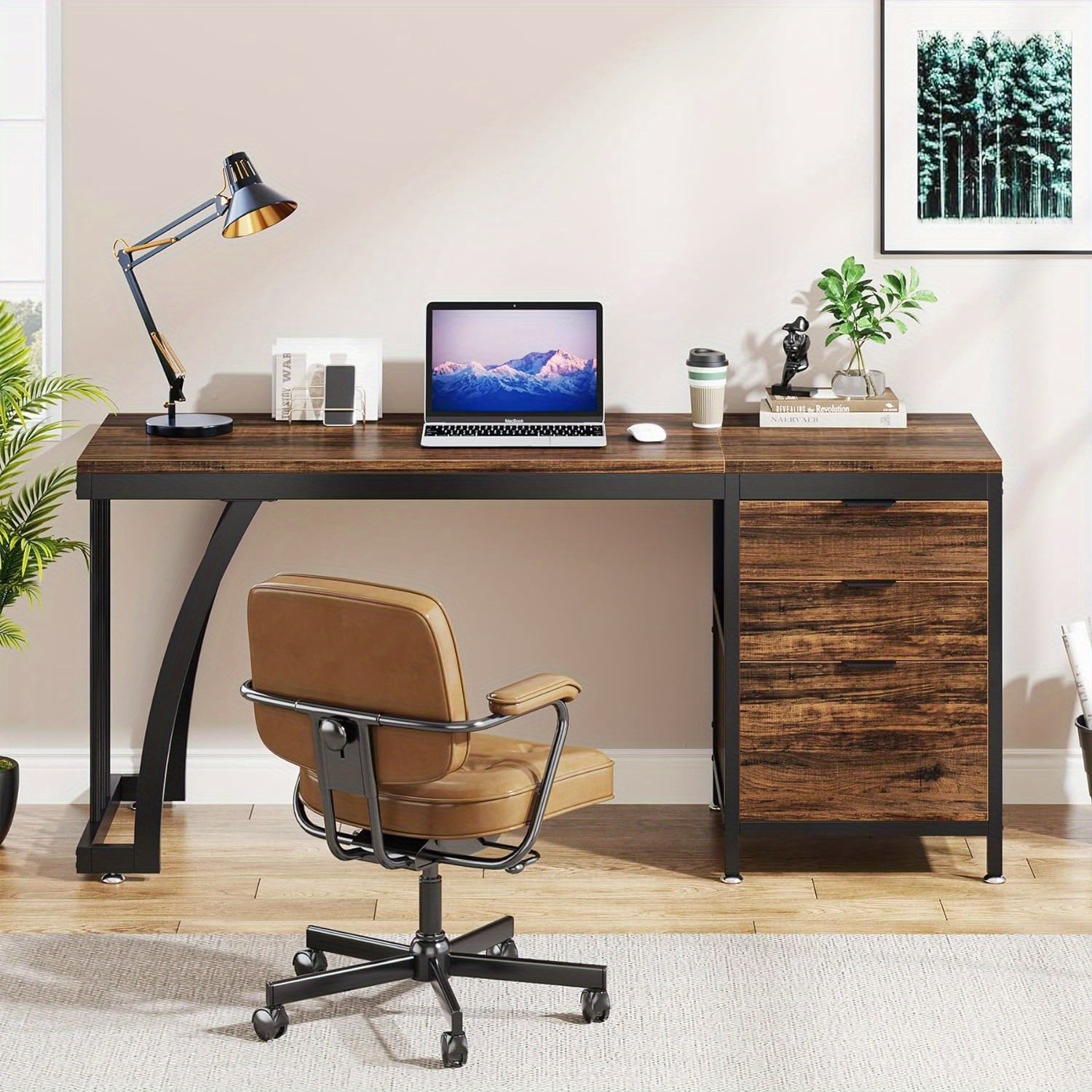 Bureau PC de 59 pouces avec 3 tiroirs, bureau d'ordinateur à tiroirs réversibles, table de travail industrielle avec rangement pour fichiers pour bureau à domicile