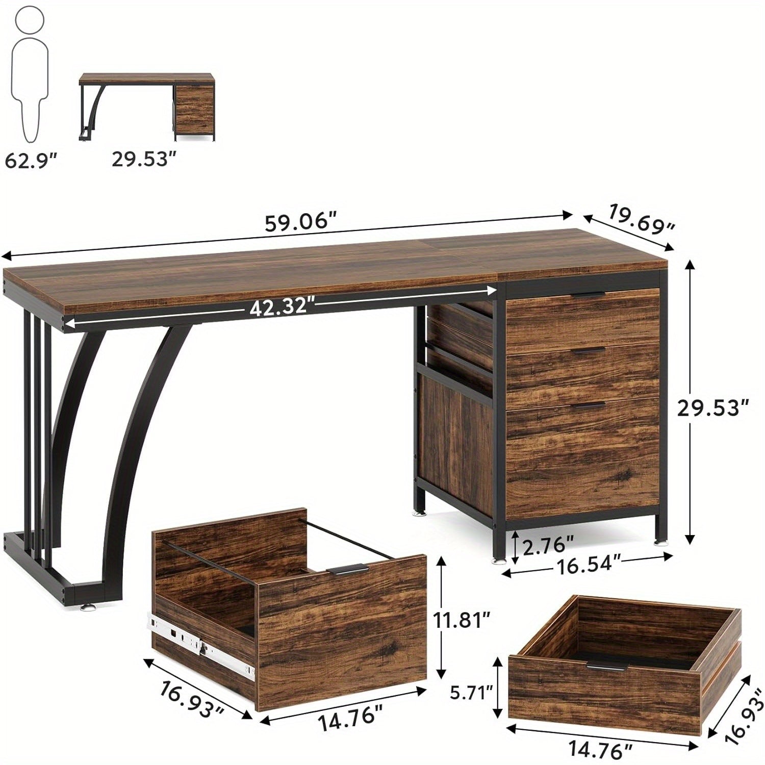 Bureau PC de 59 pouces avec 3 tiroirs, bureau d'ordinateur à tiroirs réversibles, table de travail industrielle avec rangement pour fichiers pour bureau à domicile