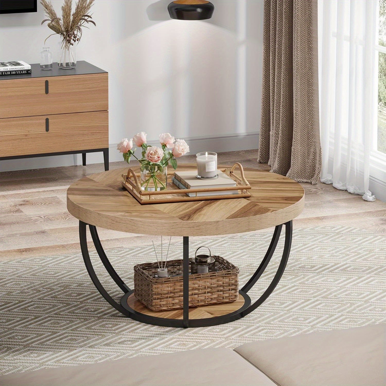 Table Basse Ronde Moderne avec Rangement 2 Niveaux - Bois d'Ingénierie & Cadre Métallique, Design Gain de Place, Diamètre de 80.52cm, Montage Facile pour Salon, Bureau, Espaces Réception
