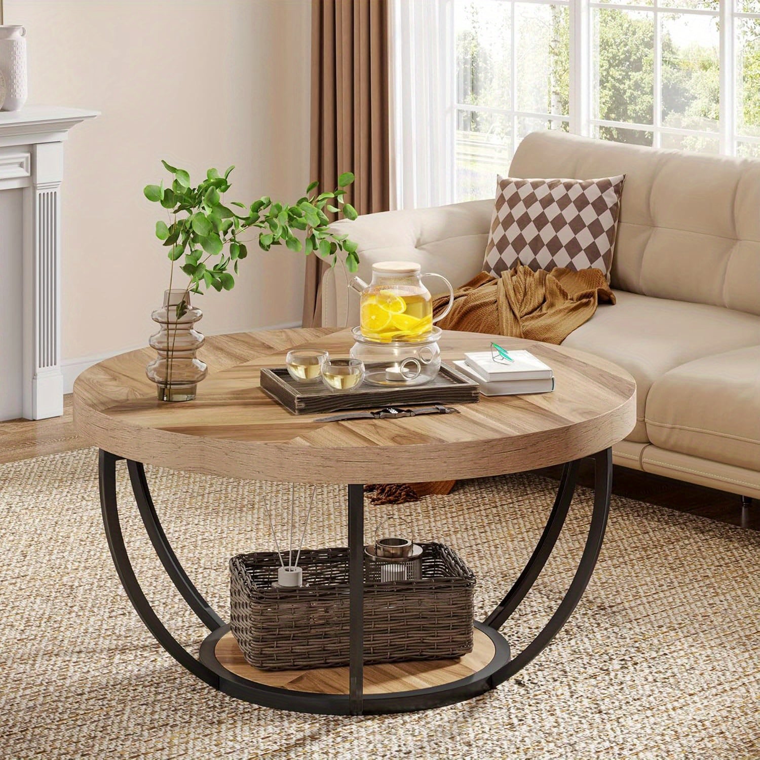 Table Basse Ronde Moderne avec Rangement 2 Niveaux - Bois d'Ingénierie & Cadre Métallique, Design Gain de Place, Diamètre de 80.52cm, Montage Facile pour Salon, Bureau, Espaces Réception