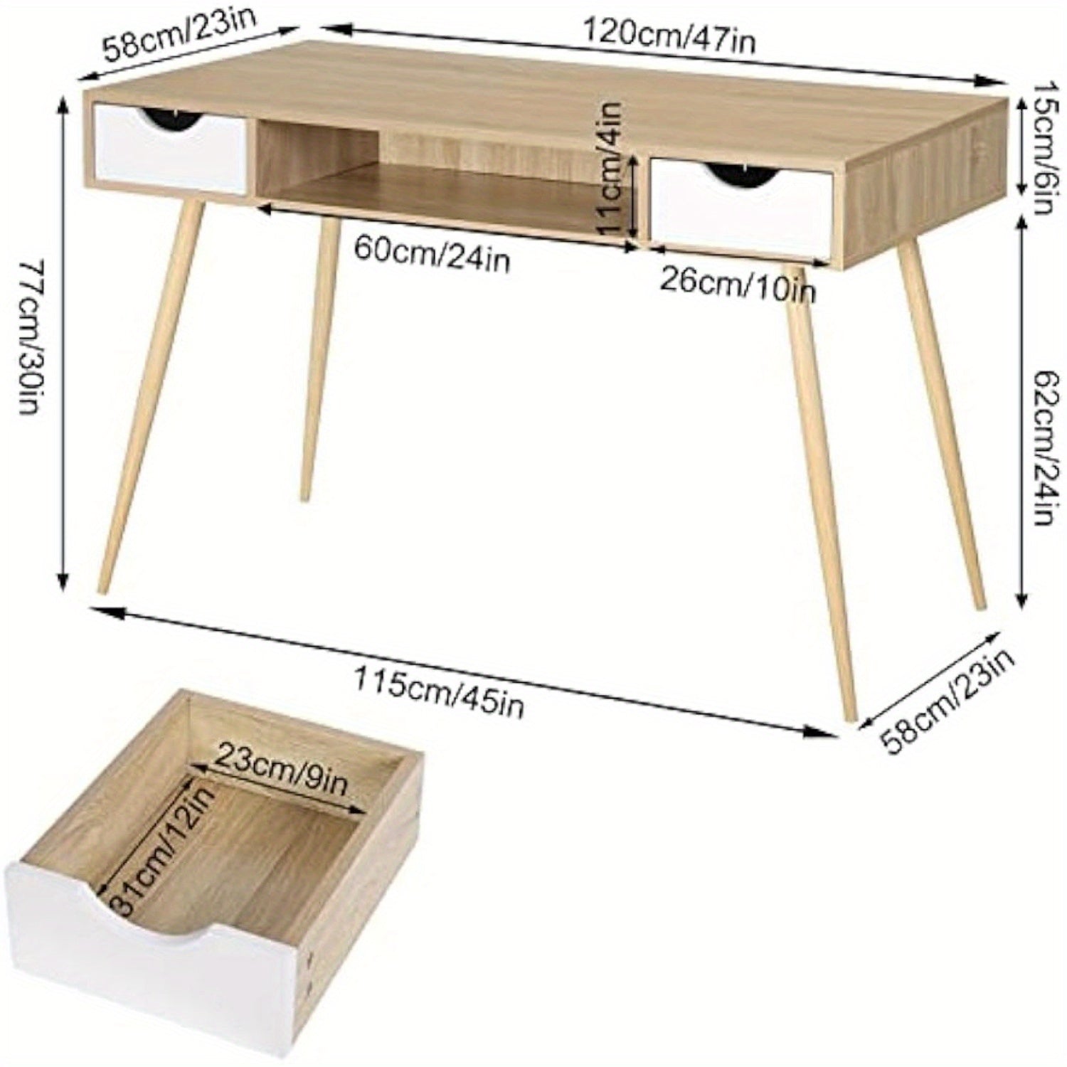 Bureau WOLTU en chêne et fer avec 2 tiroirs, 120x58cm, bureau d'ordinateur avec une niche ouverte, poste de travail, bureau pour PC portable.