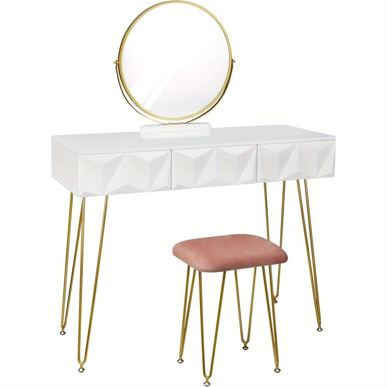 Armoire dorée blanche avec tabouret et miroir rotatif à 360°, armoire à 3 tiroirs, coiffeur avec doublure en velours, tiroir à effets 3D