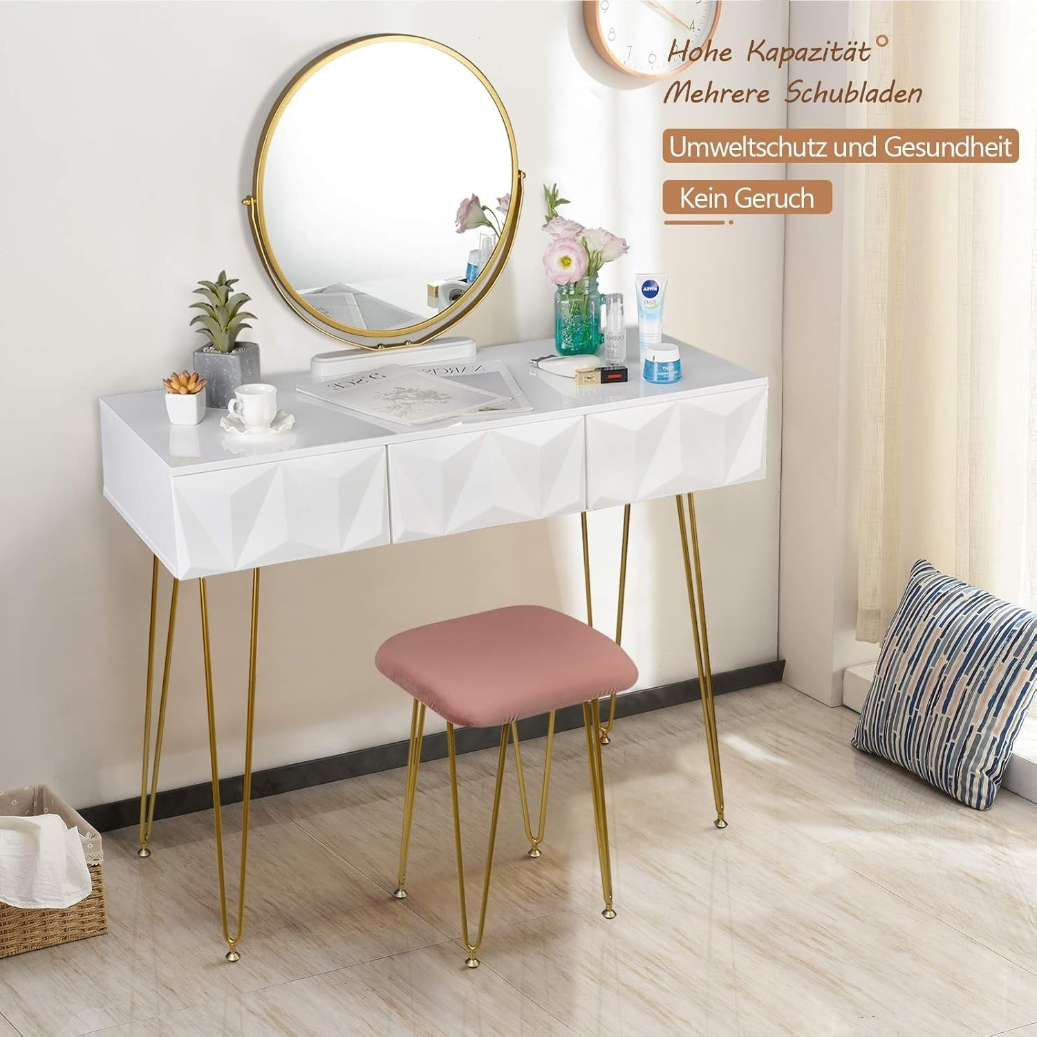 Armoire dorée blanche avec tabouret et miroir rotatif à 360°, armoire à 3 tiroirs, coiffeur avec doublure en velours, tiroir à effets 3D