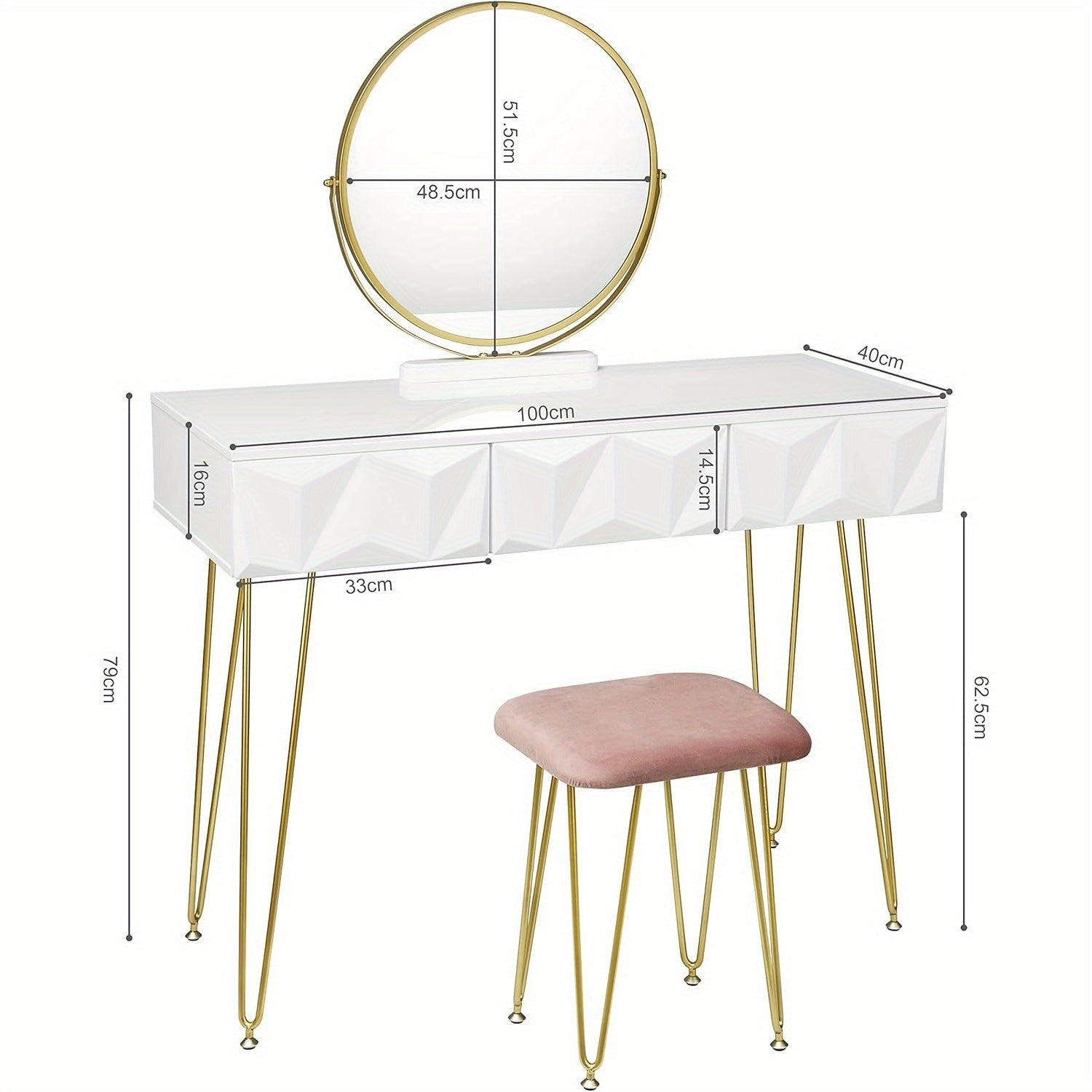 Armoire dorée blanche avec tabouret et miroir rotatif à 360°, armoire à 3 tiroirs, coiffeur avec doublure en velours, tiroir à effets 3D