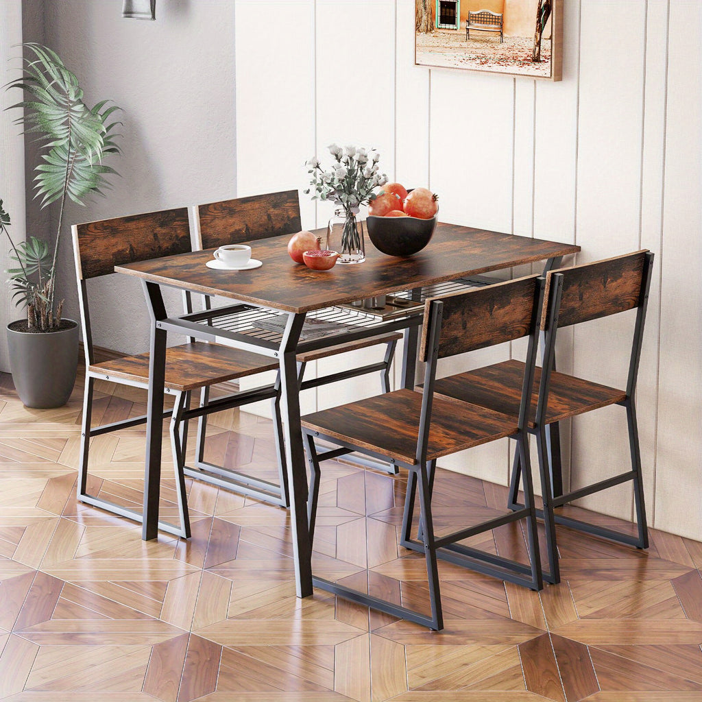 POWERSTONE Ensemble de salle à manger industriel 5 pièces - Table rectangulaire en bois dur avec 4 chaises, structure en métal, étagère de rangement, meuble de cuisine peu encombrant, aucune alimentation électrique requise