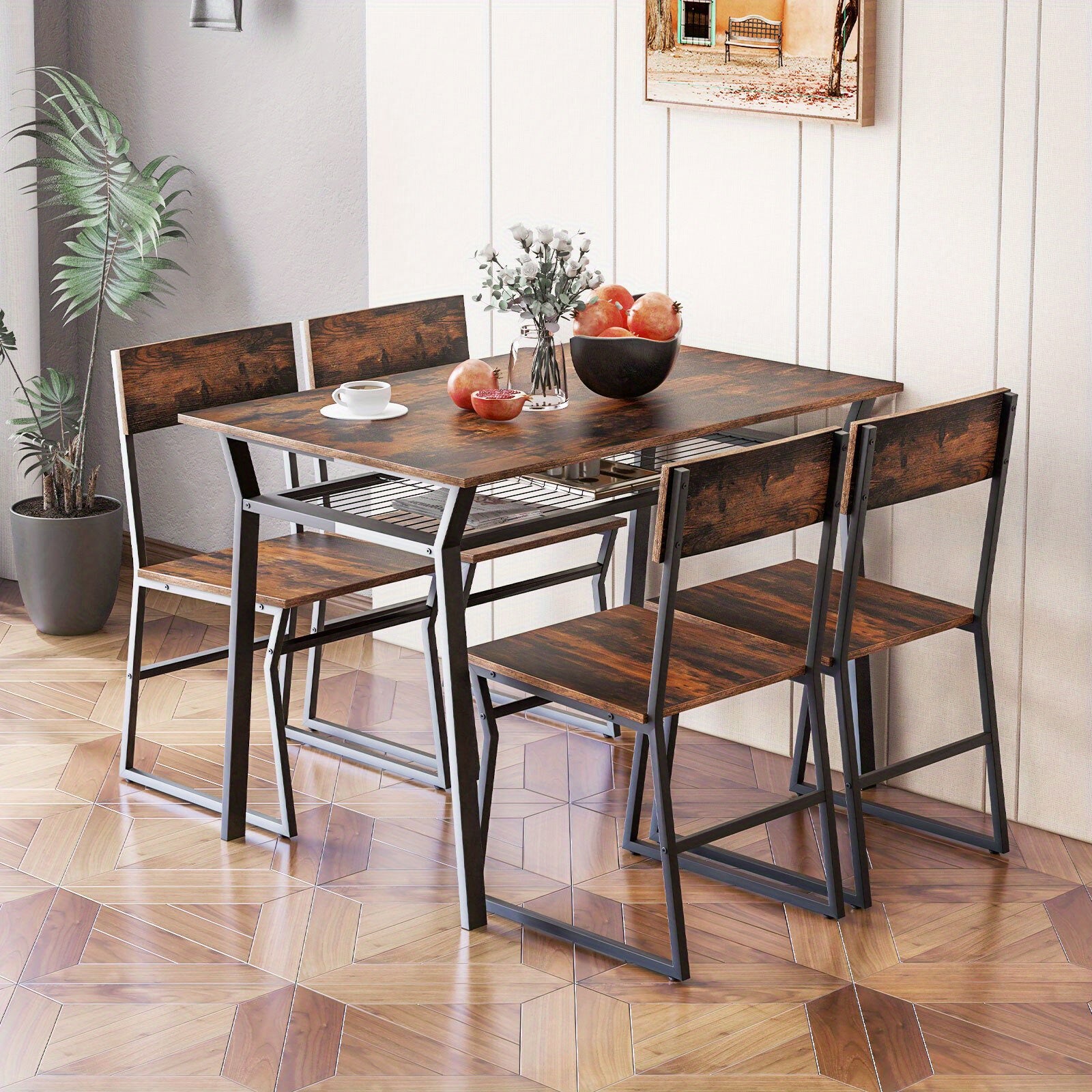 POWERSTONE Ensemble de salle à manger industriel 5 pièces - Table rectangulaire en bois dur avec 4 chaises, structure en métal, étagère de rangement, meuble de cuisine peu encombrant, aucune alimentation électrique requise