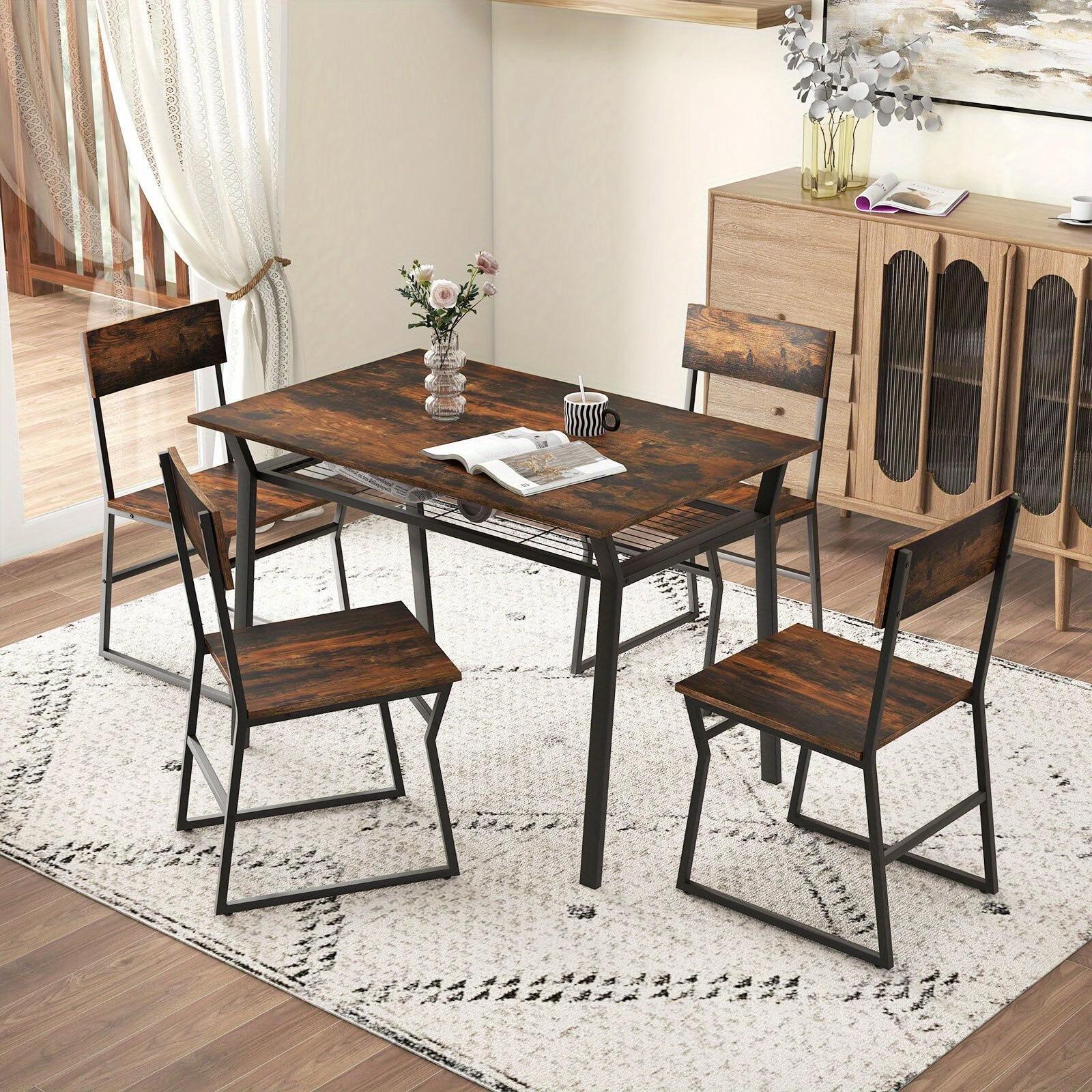 POWERSTONE Ensemble de salle à manger industriel 5 pièces - Table rectangulaire en bois dur avec 4 chaises, structure en métal, étagère de rangement, meuble de cuisine peu encombrant, aucune alimentation électrique requise