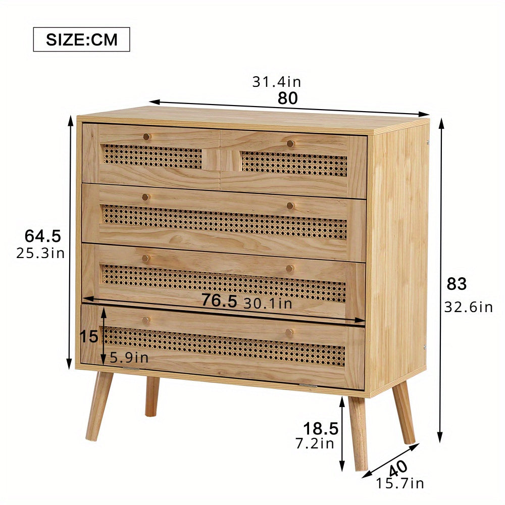 Commode classique, armoire à 3 tiroirs, avec plateau de tiroir en rotin, avec couvercle rabattable inférieur, avec poignée en métal doré et pieds en bois, espace de rangement dans le salon et la chambre à coucher, panneaux de particules.