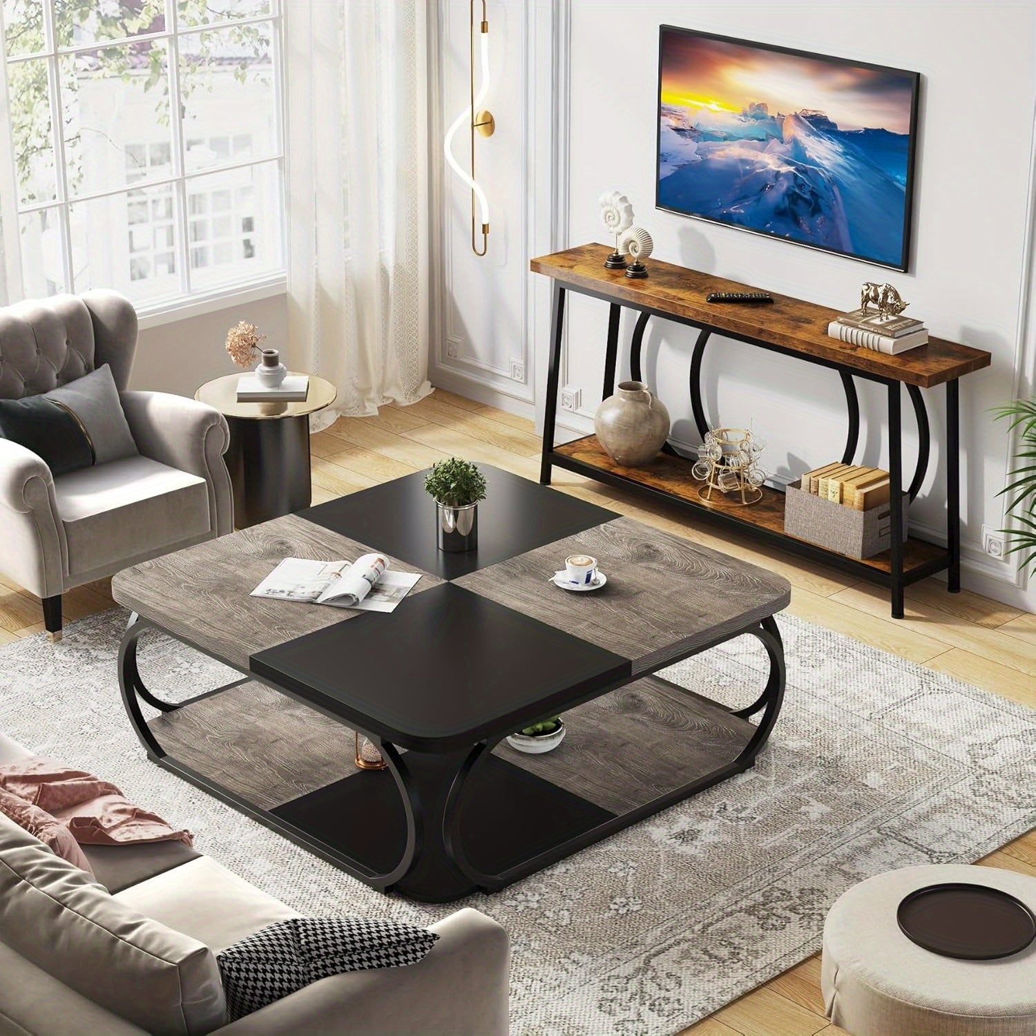 Table Basse de Ferme Basse de 101.6 cm avec Étagère de Rangement en Bois, Cadre Métallique Courbé Robuste, Conception à 2 Niveaux pour Salon, Noir Brun Rustique, Style Contemporain, Patins de Pied Réglables, Accent Moderne Gain de Place, Table Basse pour