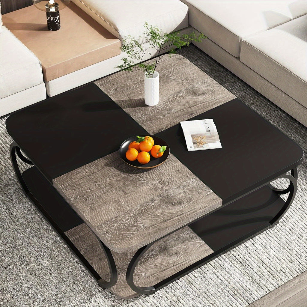 Table Basse de Ferme Basse de 101.6 cm avec Étagère de Rangement en Bois, Cadre Métallique Courbé Robuste, Conception à 2 Niveaux pour Salon, Noir Brun Rustique, Style Contemporain, Patins de Pied Réglables, Accent Moderne Gain de Place, Table Basse pour