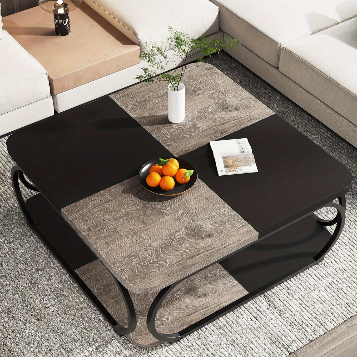 Table Basse de Ferme Basse de 101.6 cm avec Étagère de Rangement en Bois, Cadre Métallique Courbé Robuste, Conception à 2 Niveaux pour Salon, Noir Brun Rustique, Style Contemporain, Patins de Pied Réglables, Accent Moderne Gain de Place, Table Basse pour