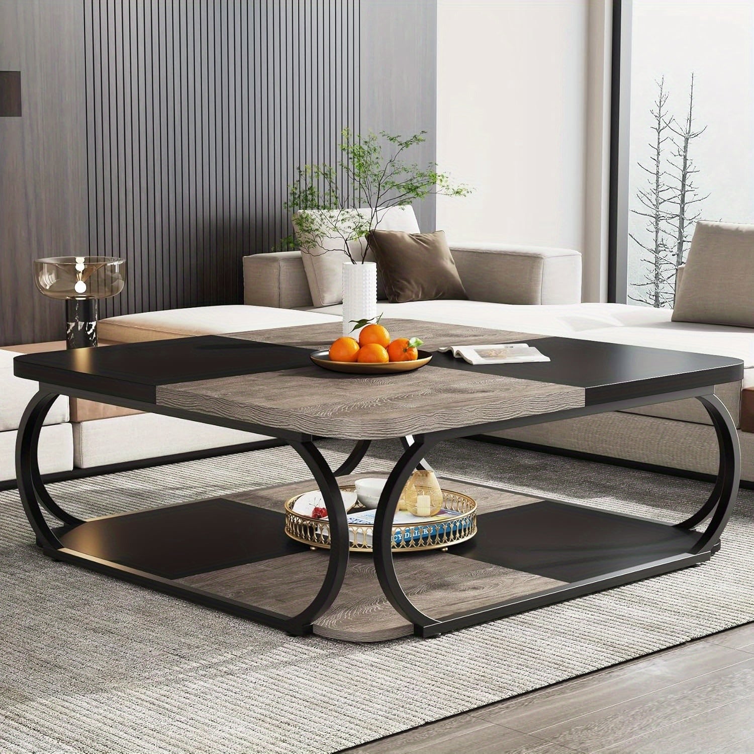 Table Basse de Ferme Basse de 101.6 cm avec Étagère de Rangement en Bois, Cadre Métallique Courbé Robuste, Conception à 2 Niveaux pour Salon, Noir Brun Rustique, Style Contemporain, Patins de Pied Réglables, Accent Moderne Gain de Place, Table Basse pour